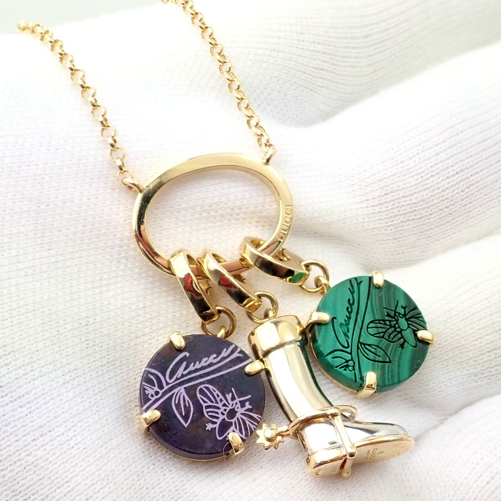 Rare! Authentic Gucci 18k Yellow White Gold Riding Boot + Beetle Charm Necklace | Fortrove