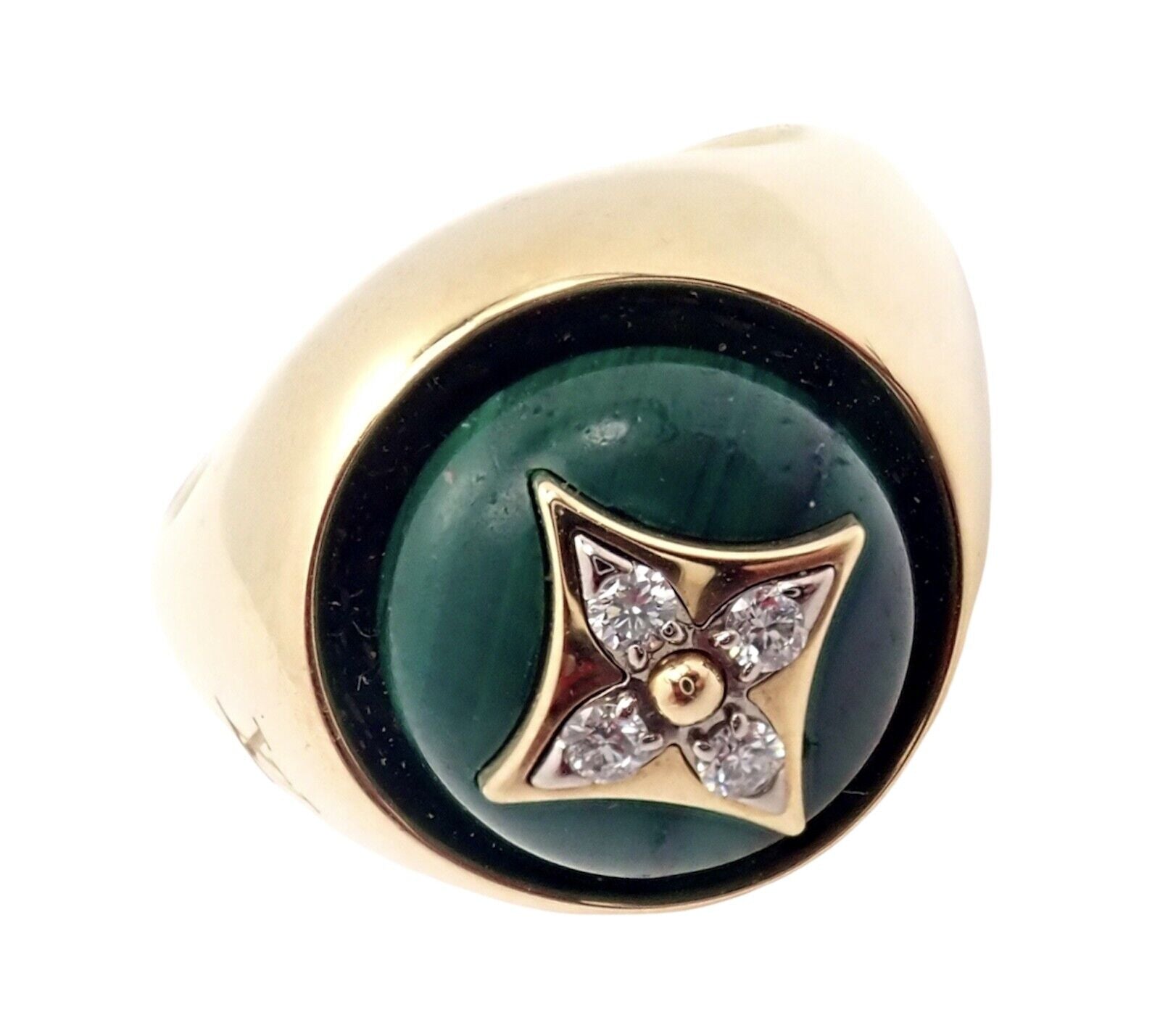Authentic Louis Vuitton LV 18k Yellow Gold Diamond Malachite Blossom Signet Ring | Fortrove