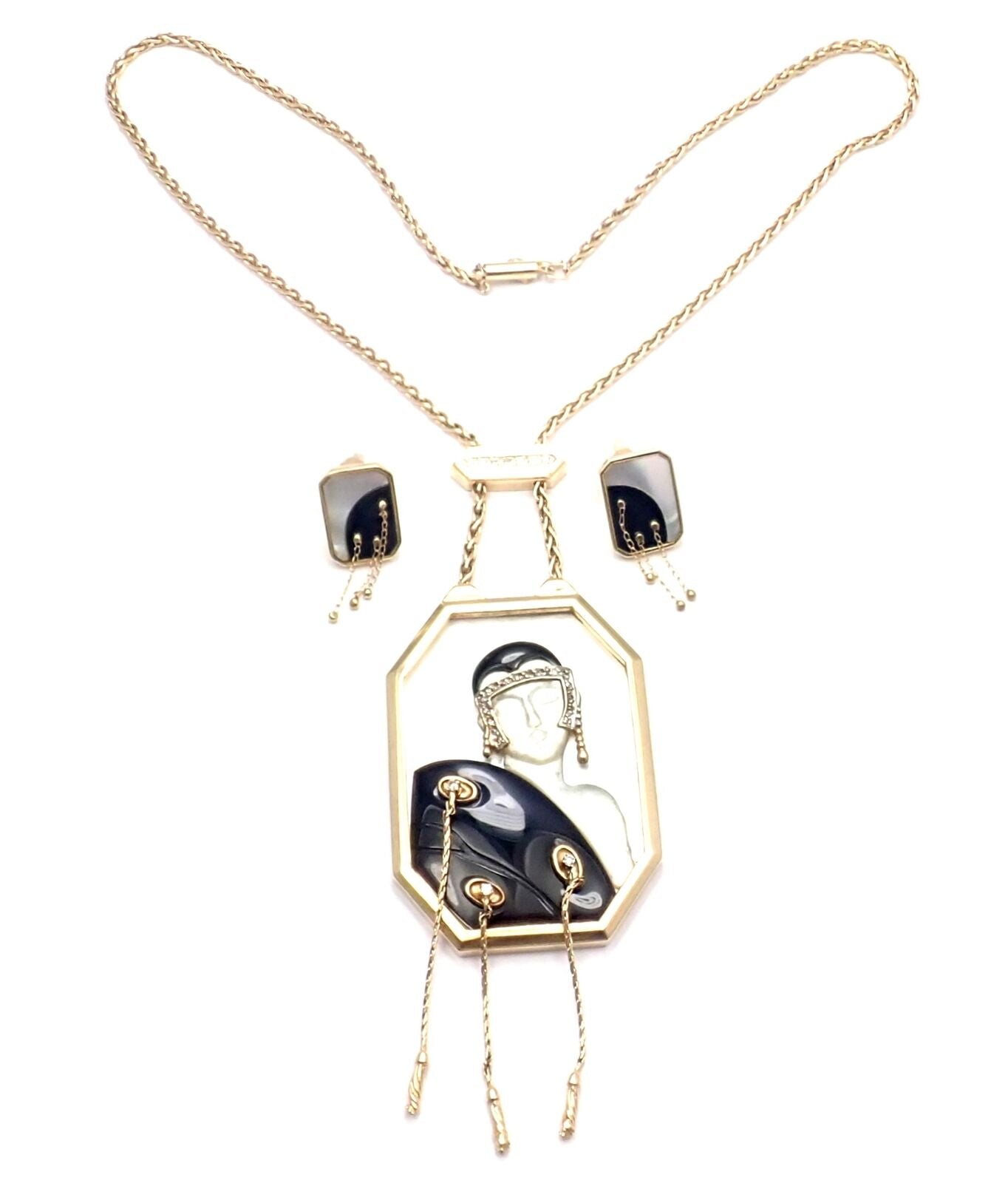 ERTE Folies 14k Yellow Gold Diamond Onyx Mother of Pearl Necklace & Earrings Set | Fortrove