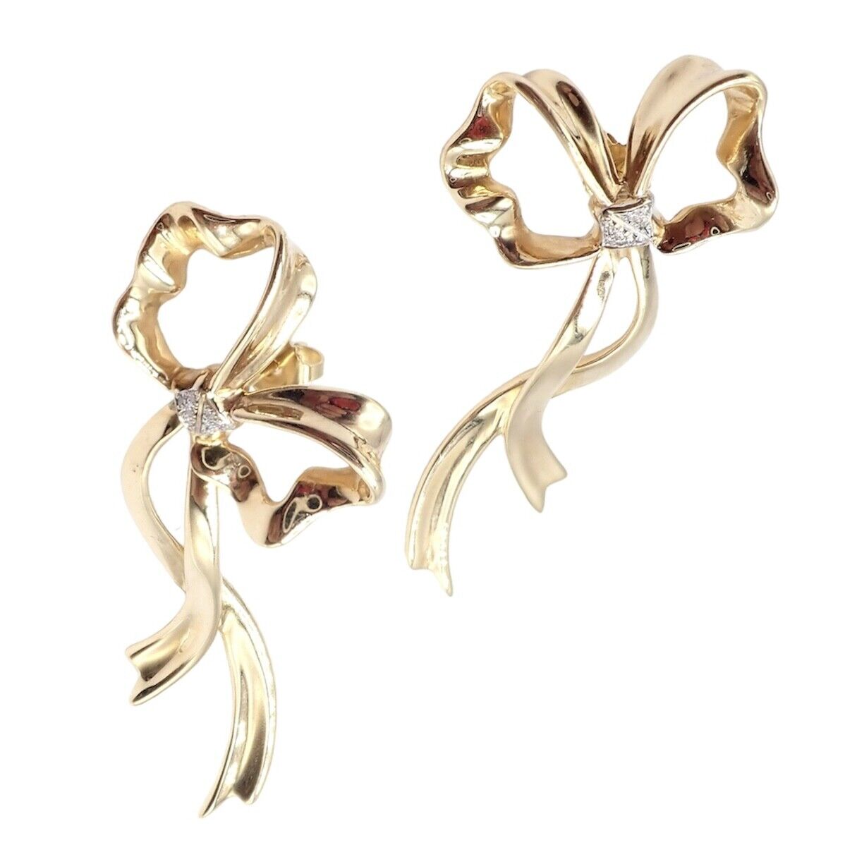 Authentic Tiffany & Co 18k Yellow Gold Diamond Large Ribbon Bow Earrings 1985 | Fortrove