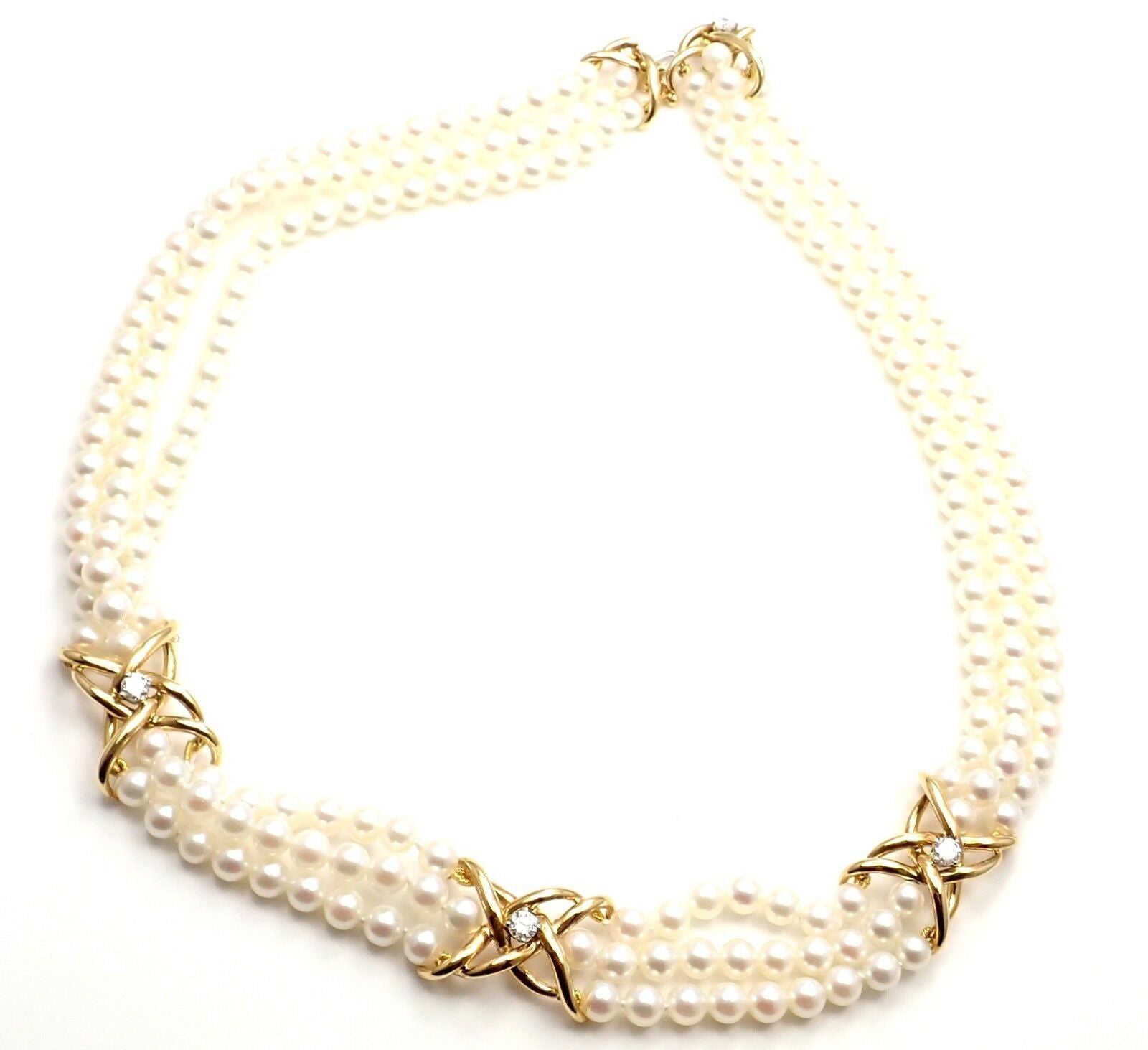 Authentic! Tiffany & Co 18k Yellow Gold Diamond 3 Strand Pearl Necklace | Fortrove