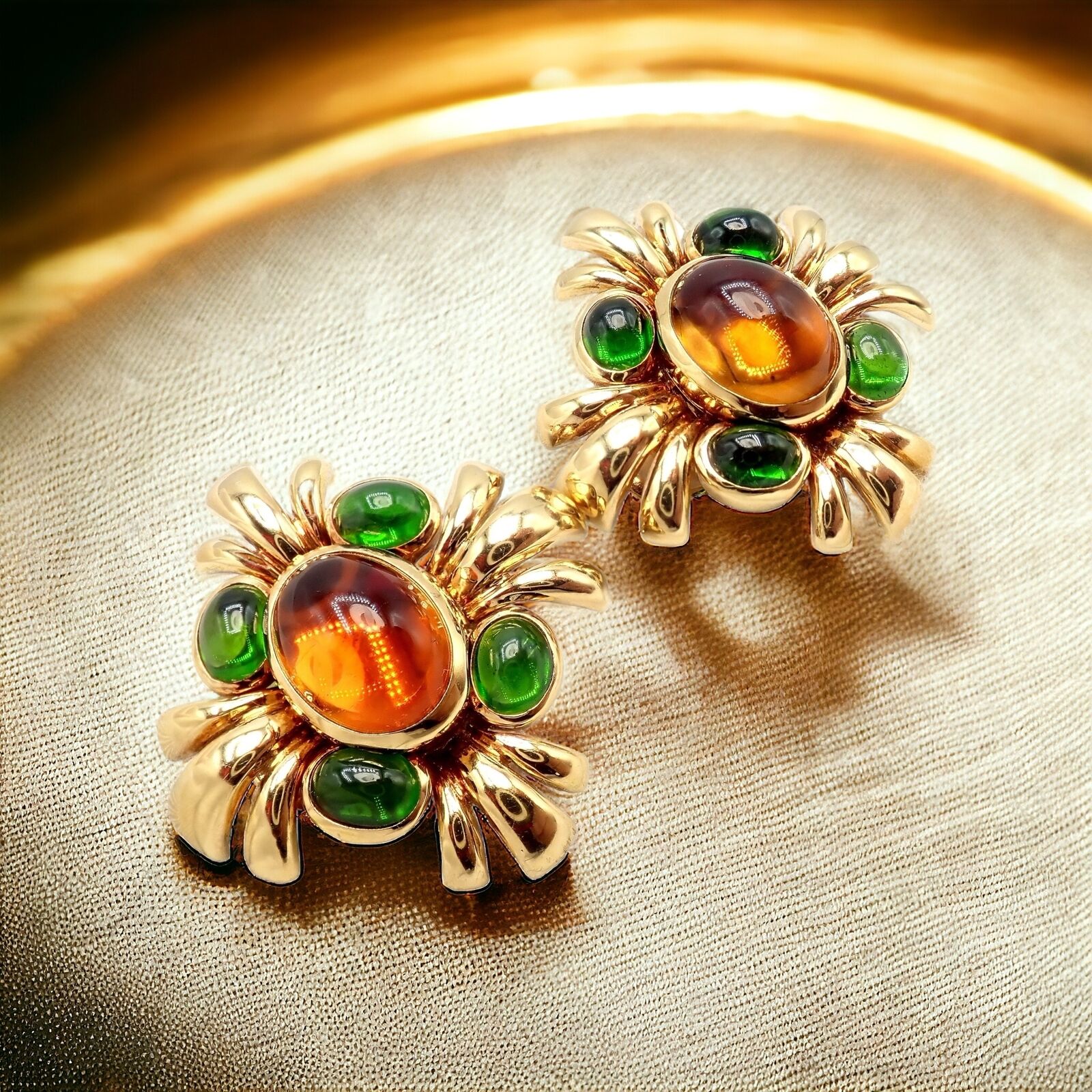 Authentic! Verdura 18k Yellow Gold Citrine Green Tourmaline Vintage Earrings | Fortrove