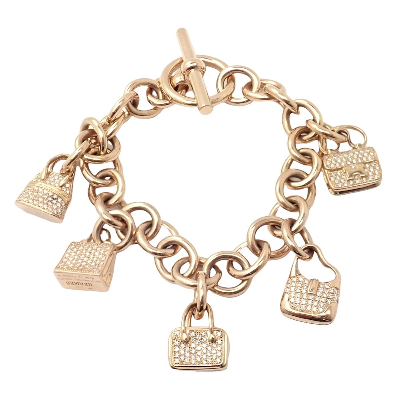 Authentic! Hermes 18k Rose Gold Diamond Signature Iconic Bag Charm Link Bracelet | Fortrove