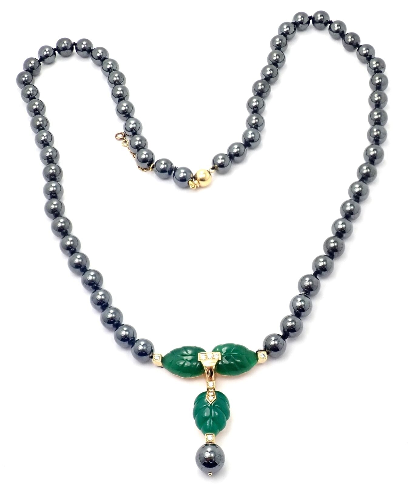 Authentic! Cartier 18k Yellow Gold Hematite Bead Diamond Chalcedony Necklace | Fortrove