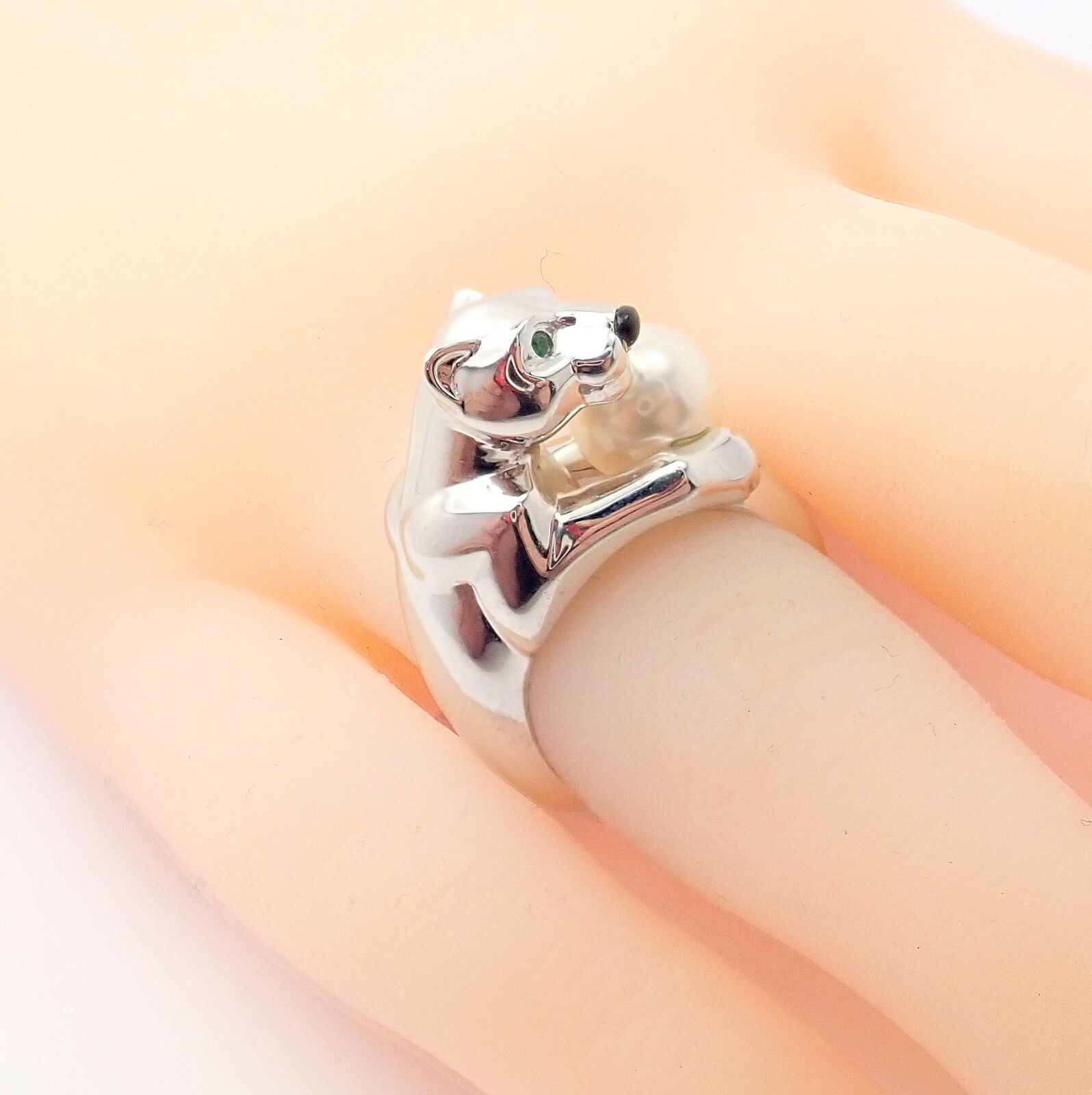 Authentic! Cartier 18k White Gold Panther Panthere Onyx Tsavorite Pearl Ring | Fortrove