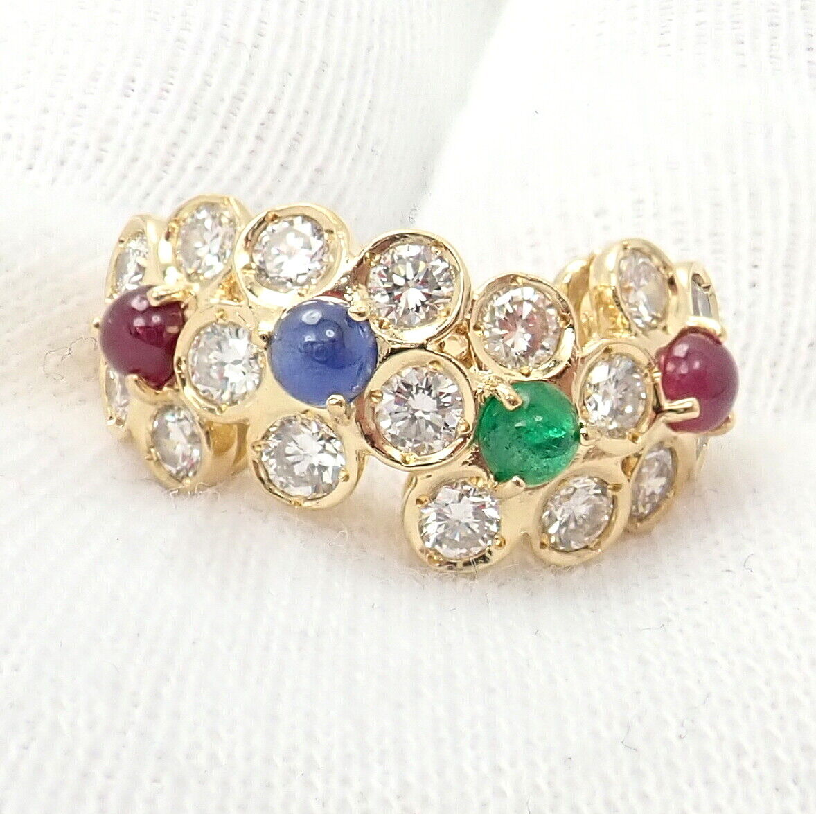 Rare! Authentic Christian Dior 18k Yellow Gold Ruby Emerald Diamond Flower Ring | Fortrove