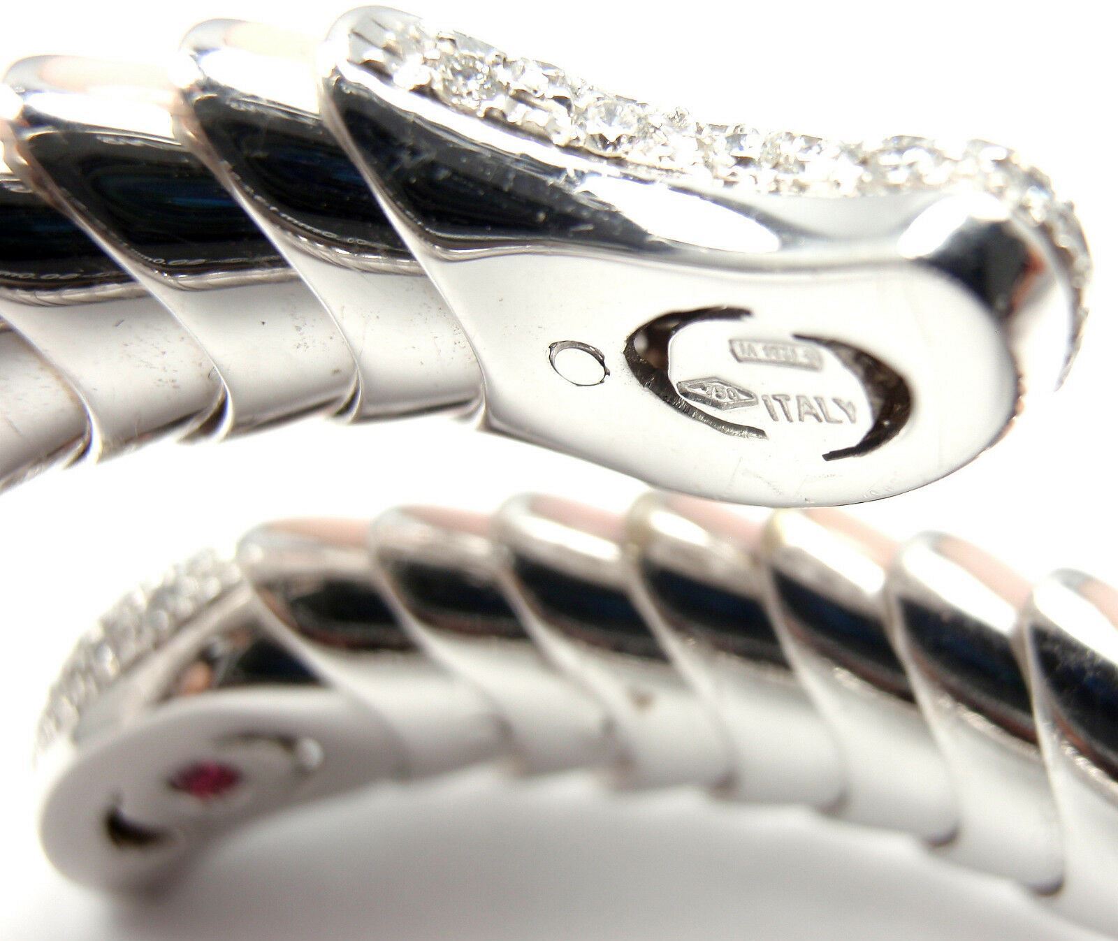 Authentic! Roberto Coin 18k White Gold Enamel Ruby Diamond Cobra Bangle Bracelet | Fortrove