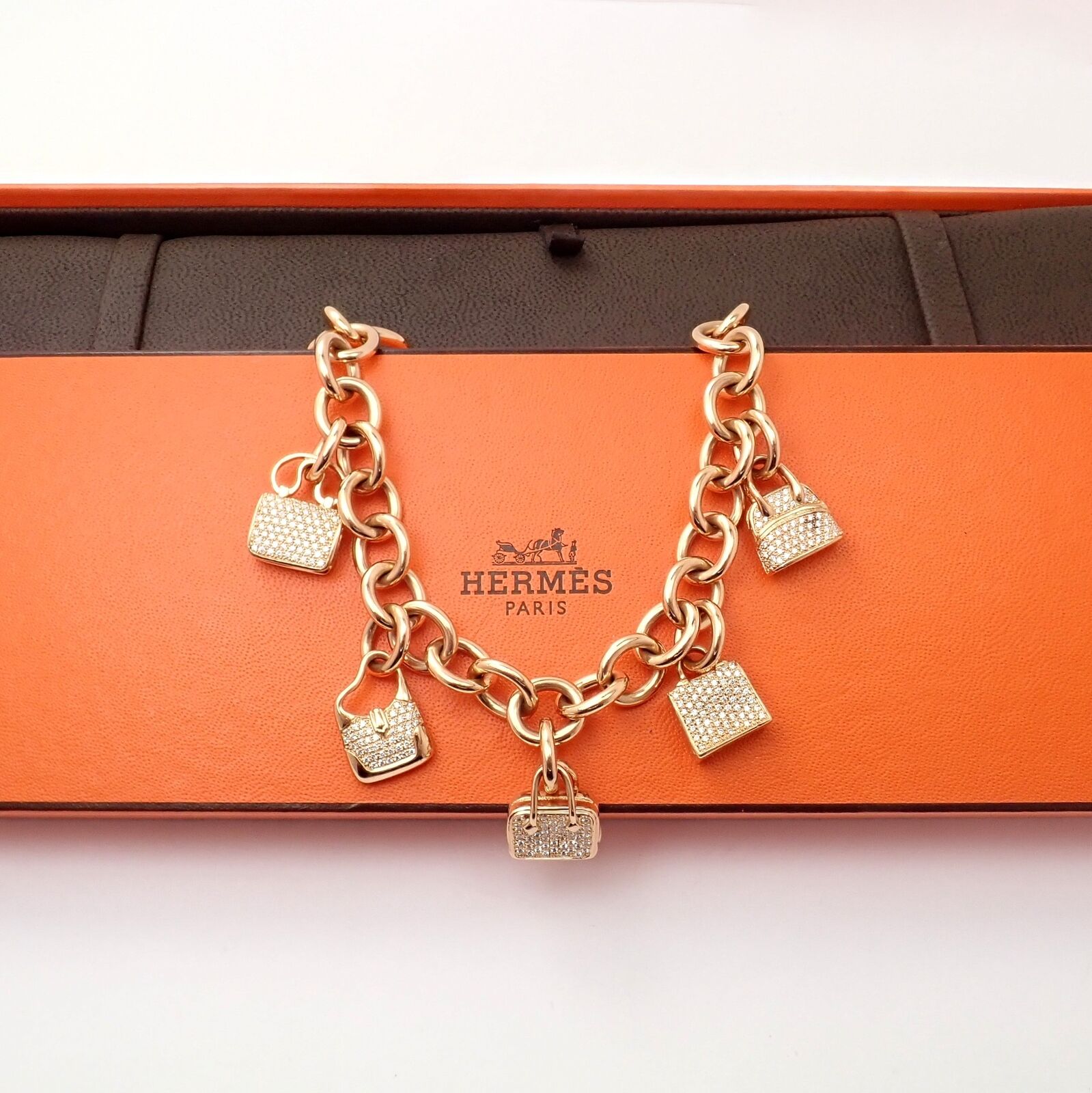 Authentic! Hermes 18k Rose Gold Diamond Signature Iconic Bag Charm Link Bracelet | Fortrove