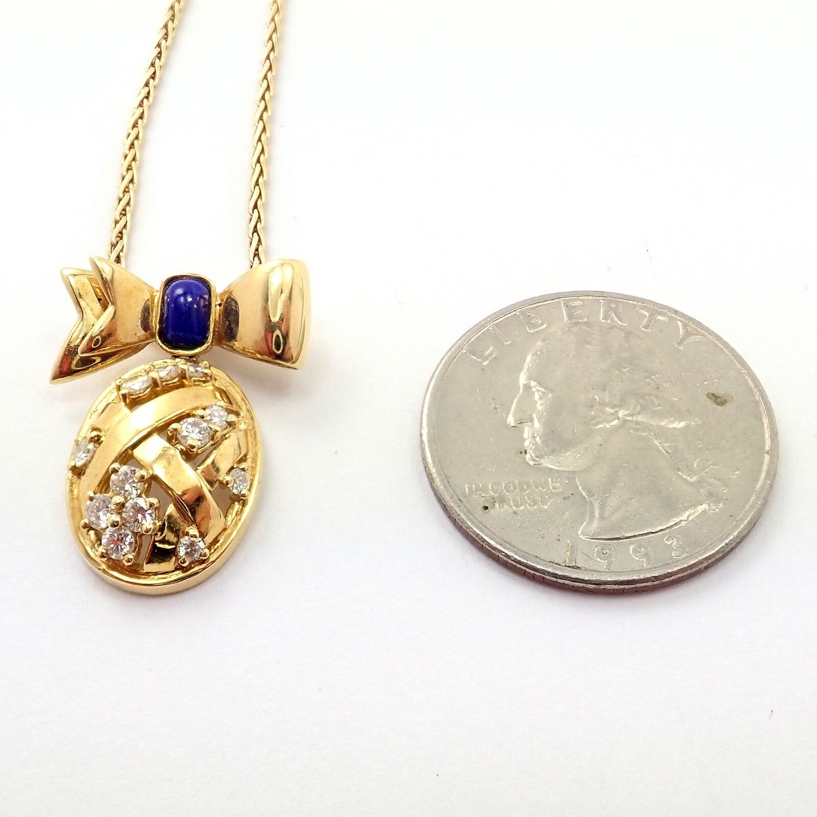 Authentic! Christian Dior 18k Yellow Gold Lapis Diamond Egg Pendant Necklace | Fortrove