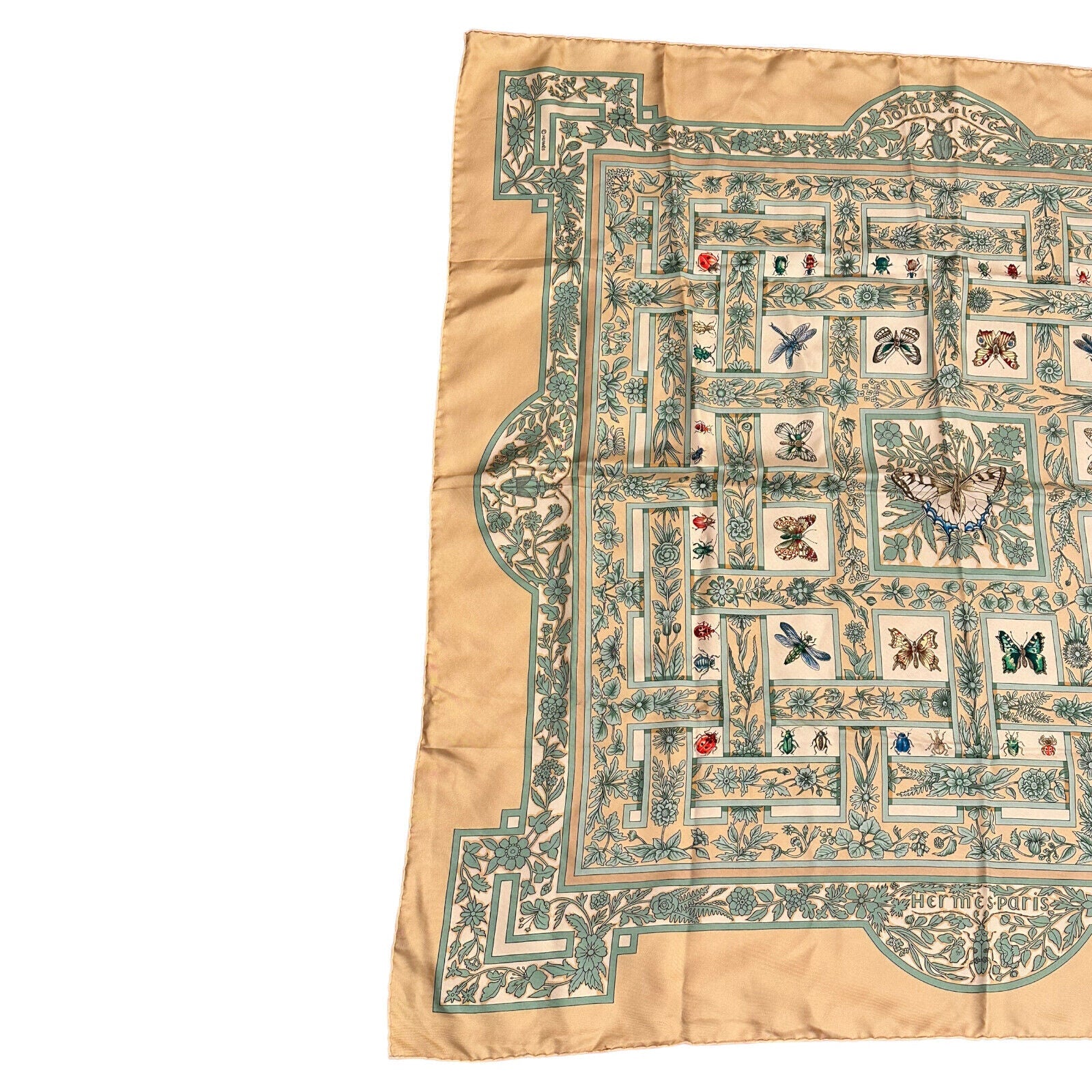 Authentic! Hermes Carre Joyaux de L'ete Jacquelot 90cm Tan Insect Silk Scarf | Fortrove