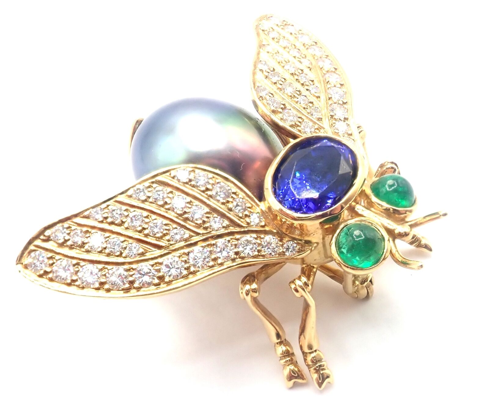 Tiffany & Co 18k Gold Diamond Tahitian Pearl Tanzanite Emerald Fly Pin Brooch | Fortrove