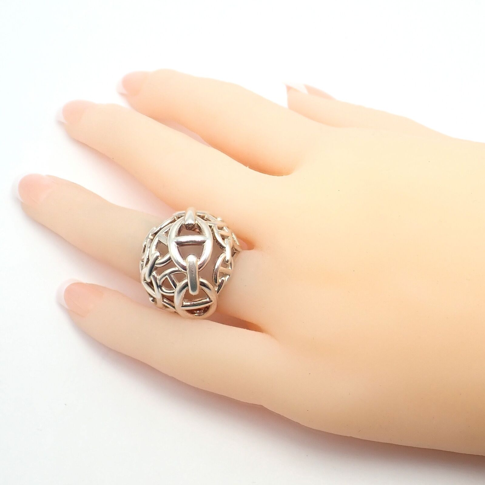 Authentic! Hermes Sterling Silver Large Chaine D'anchre Dome Ring sz 4.5 | Fortrove