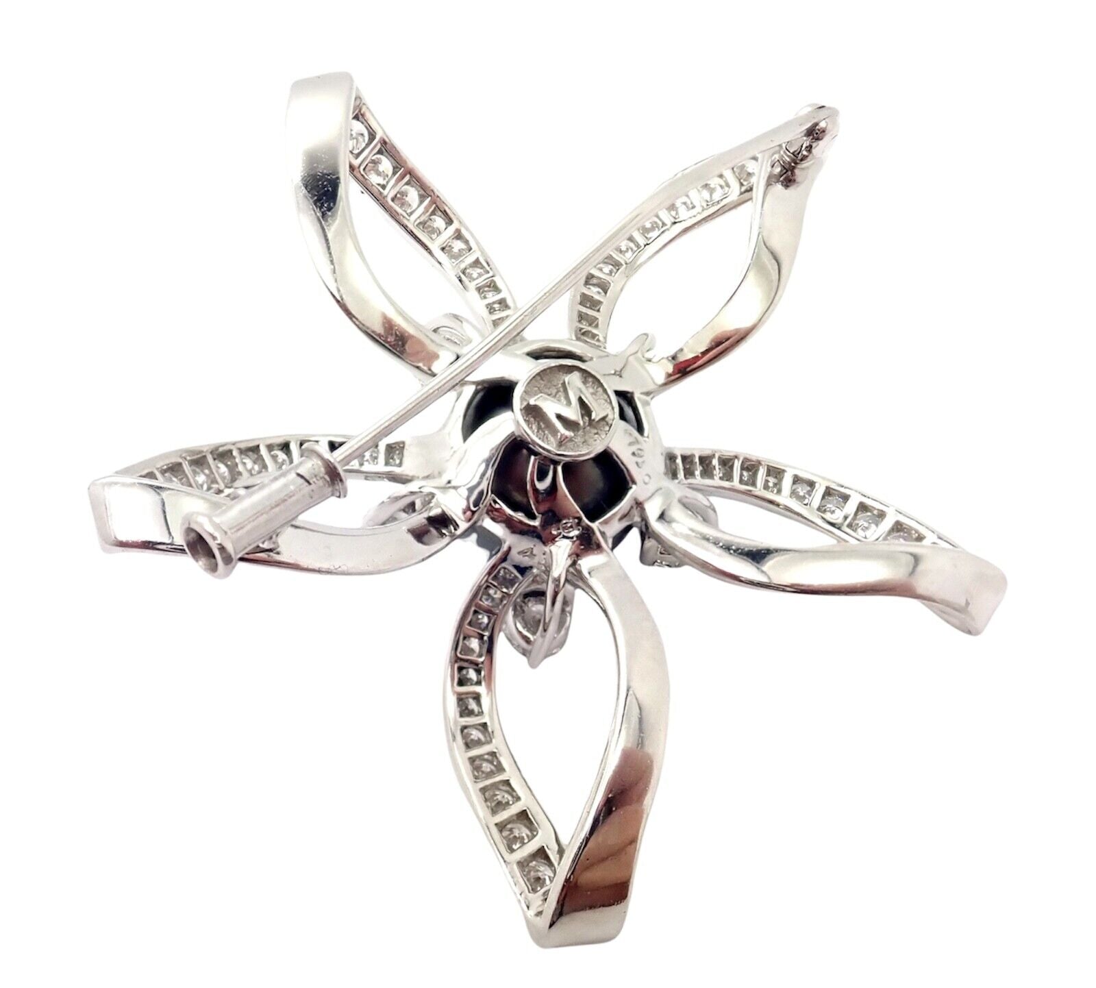 Rare! Authentic Mikimoto Platinum Diamond Tahitian South Sea Pearl Brooch Pin | Fortrove