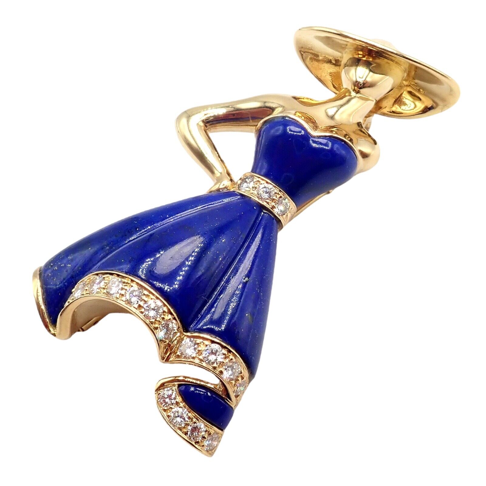 Authentic! Christian Dior 18k Yellow Gold Diamond Lapis Lady Dior Brooch Pendant | Fortrove