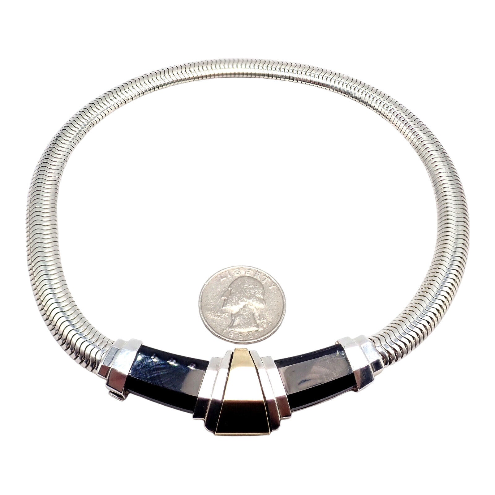 Authentic! Vintage Cartier 18k Yellow Gold + Silver Art Deco Onyx Necklace | Fortrove