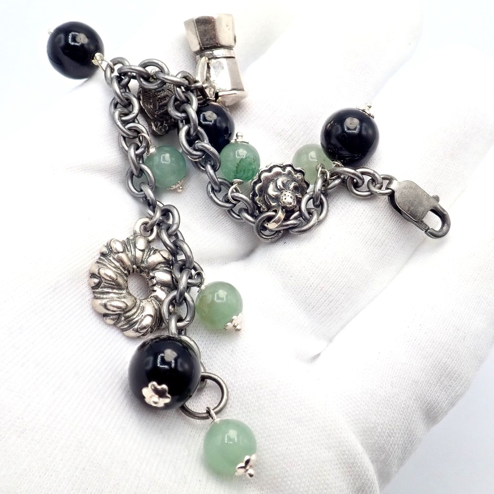 Rare! Vintage Mario Buccellati Silver Coffee Jadeite Onyx Bead Charm Bracelet | Fortrove