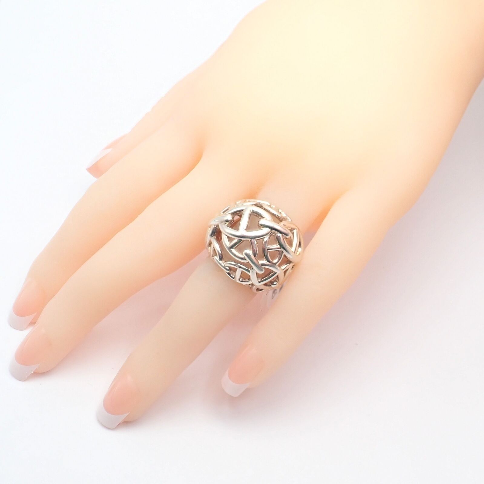 Authentic! Hermes Sterling Silver Large Chaine D'anchre Dome Ring sz 4.5 | Fortrove