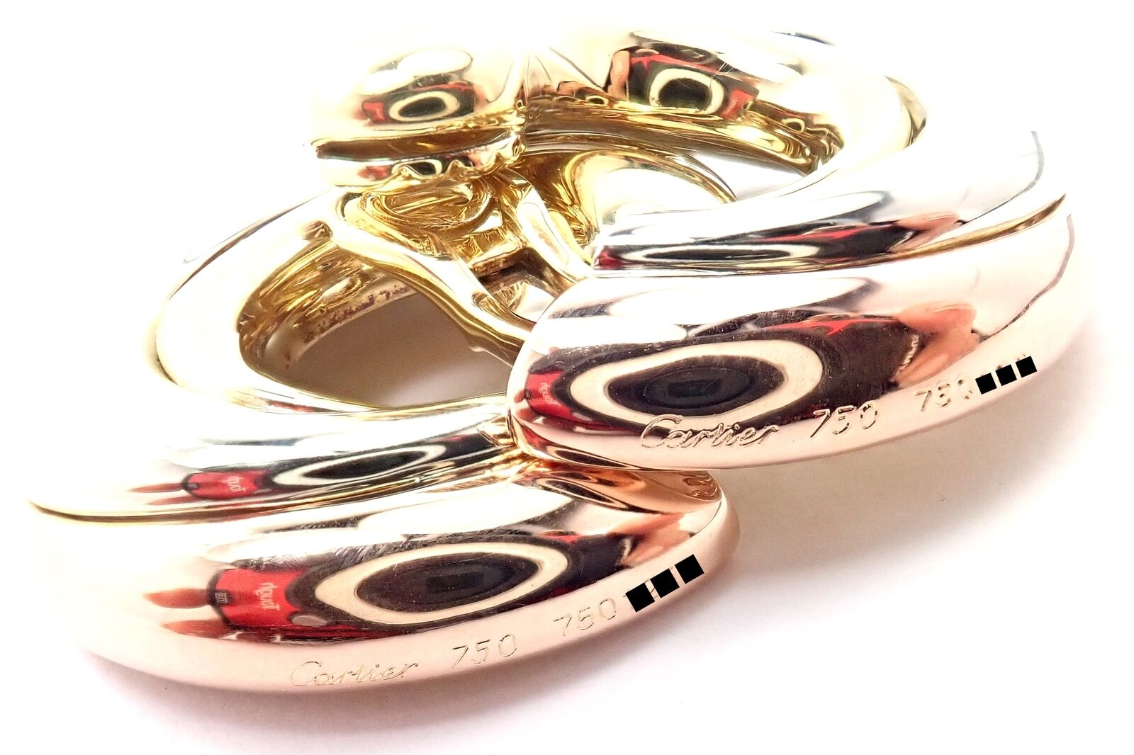 Authentic! Cartier 18k Tri-Color Gold Large Size Trinity Swirl Hoop Earrings | Fortrove