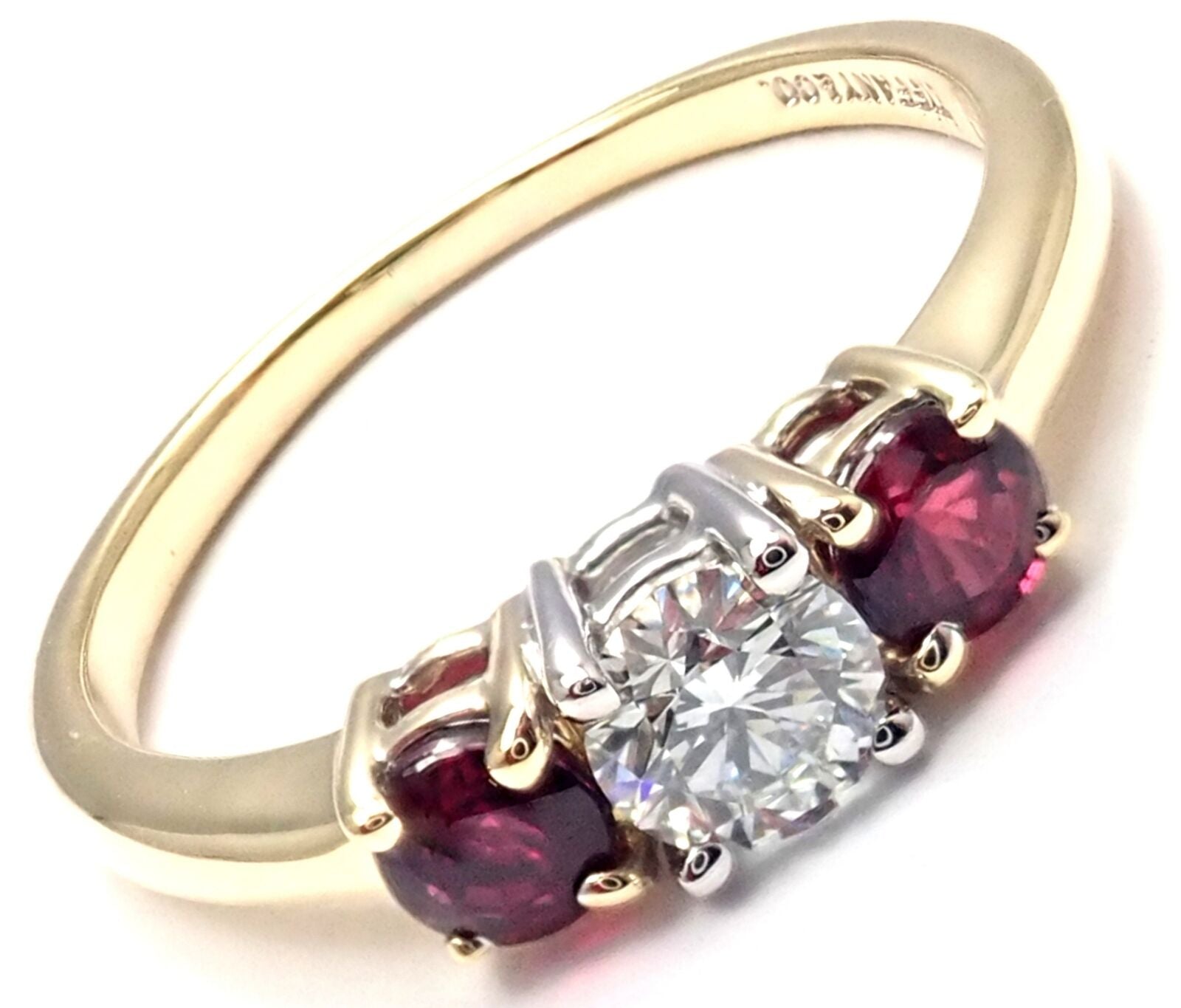 Authentic! Tiffany & Co 18k Gold Platinum Three Stone Diamond Ruby Band Ring | Fortrove