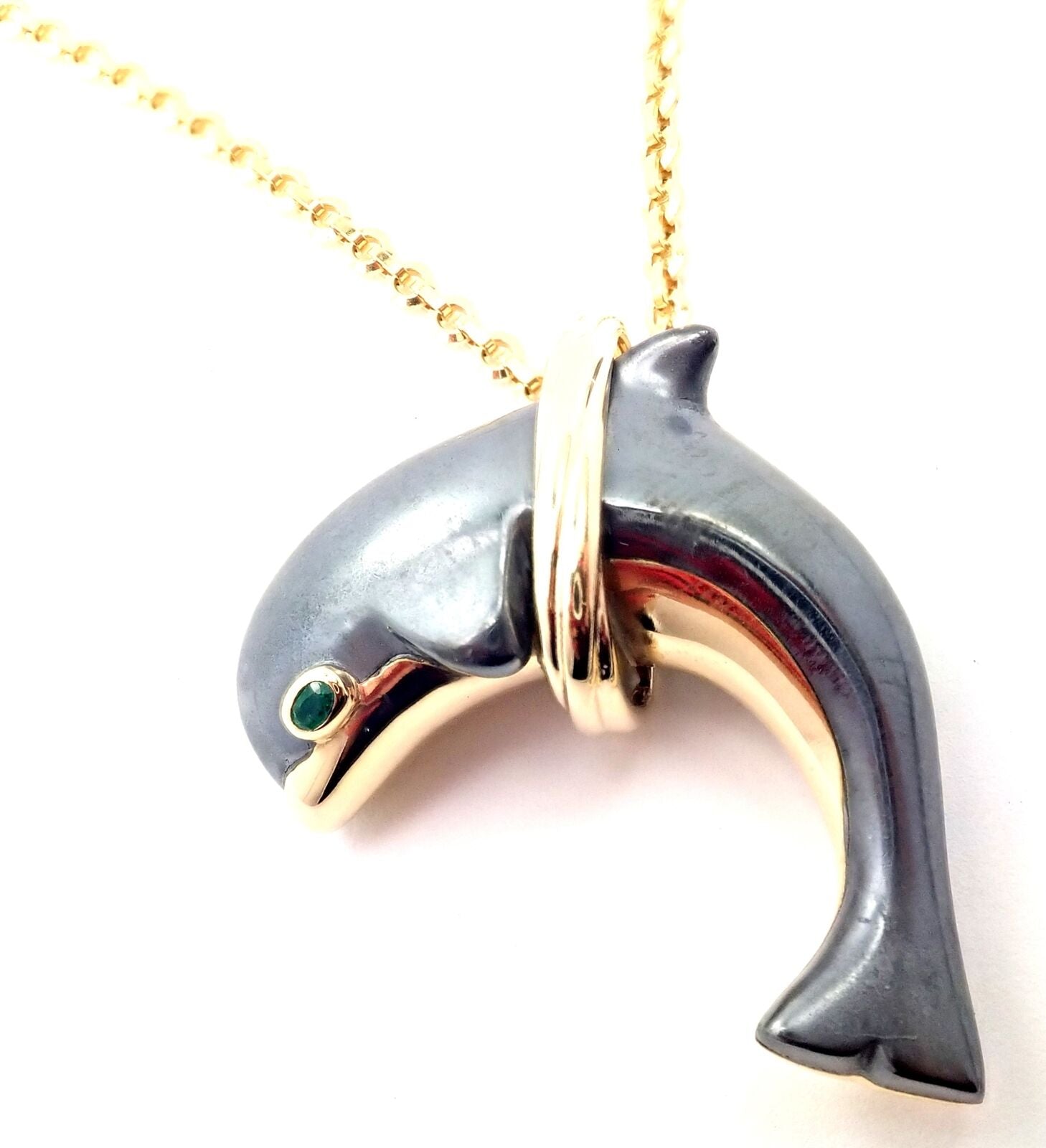 Rare! Authentic Cartier 18k Yellow Gold Hematite Dolphin Pendant Link Necklace | Fortrove