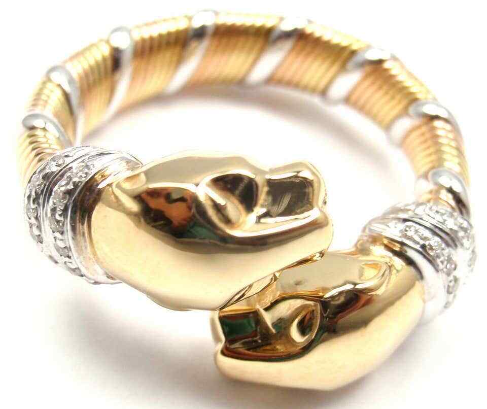 Cartier Panther Diamond Tricolor 18k Gold Band Ring EU 52 US 6 | Fortrove