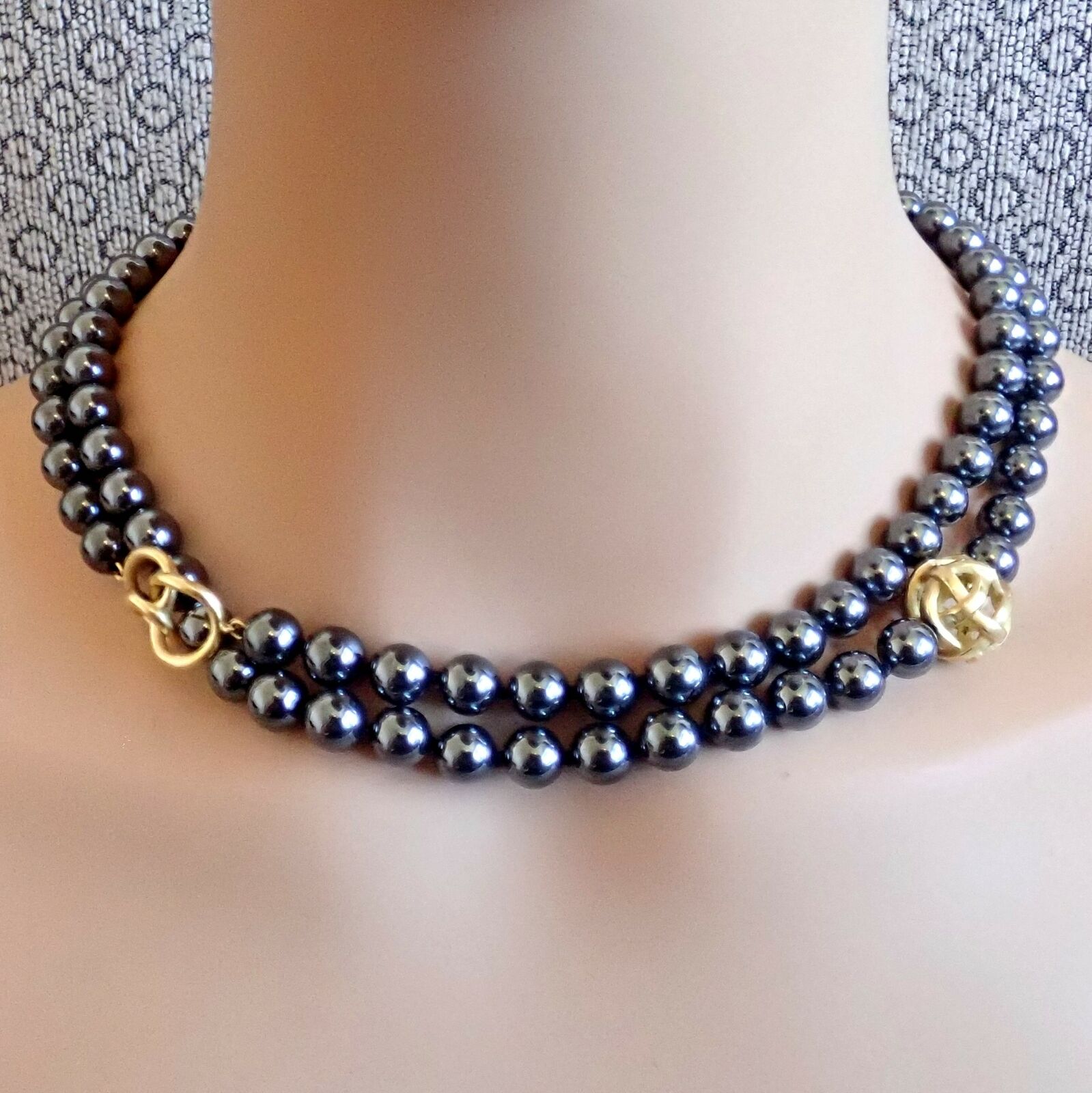 Authentic! Angela Cummings 18k Yellow Gold Hematite Bead 38" Long Necklace 1988 | Fortrove