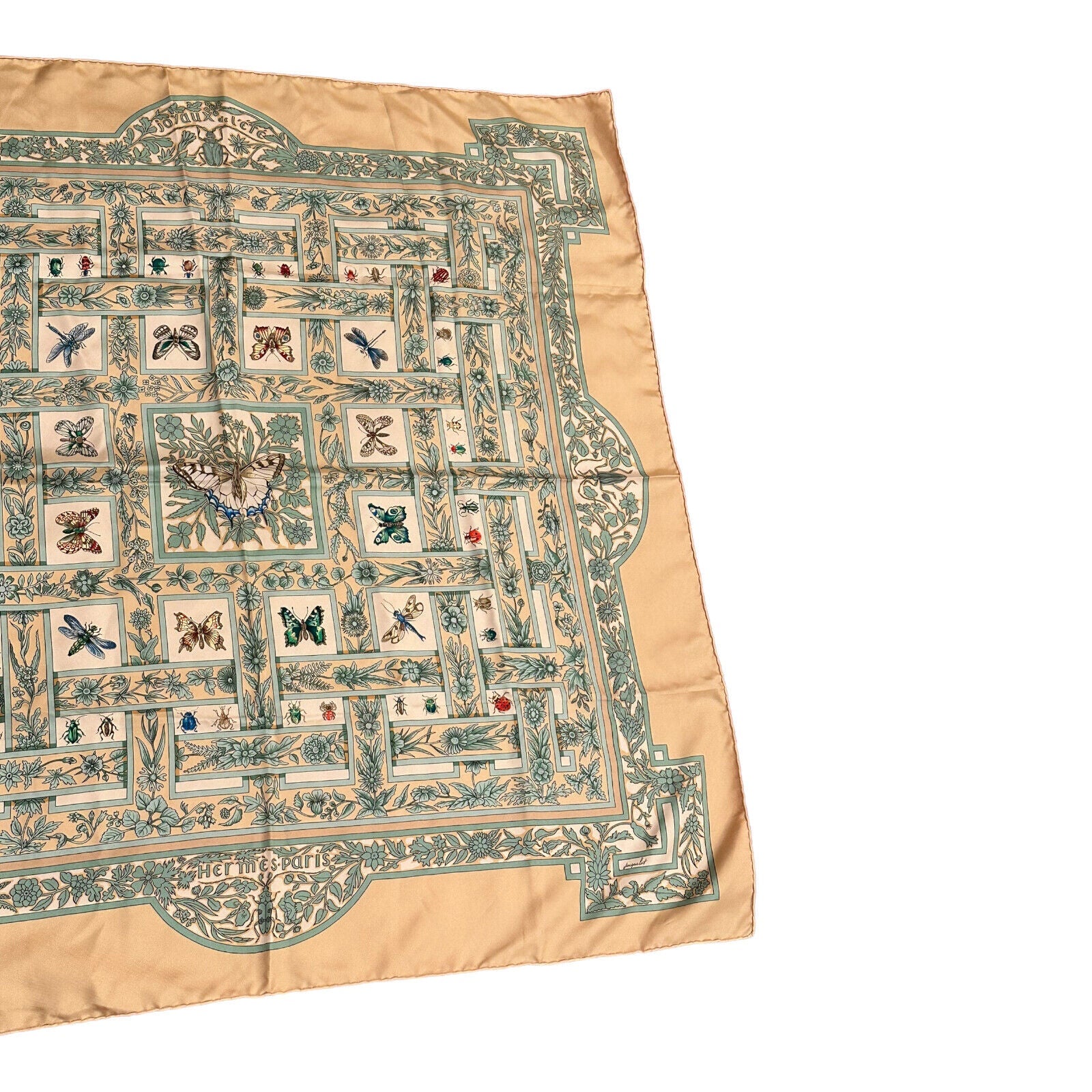 Authentic! Hermes Carre Joyaux de L'ete Jacquelot 90cm Tan Insect Silk Scarf | Fortrove