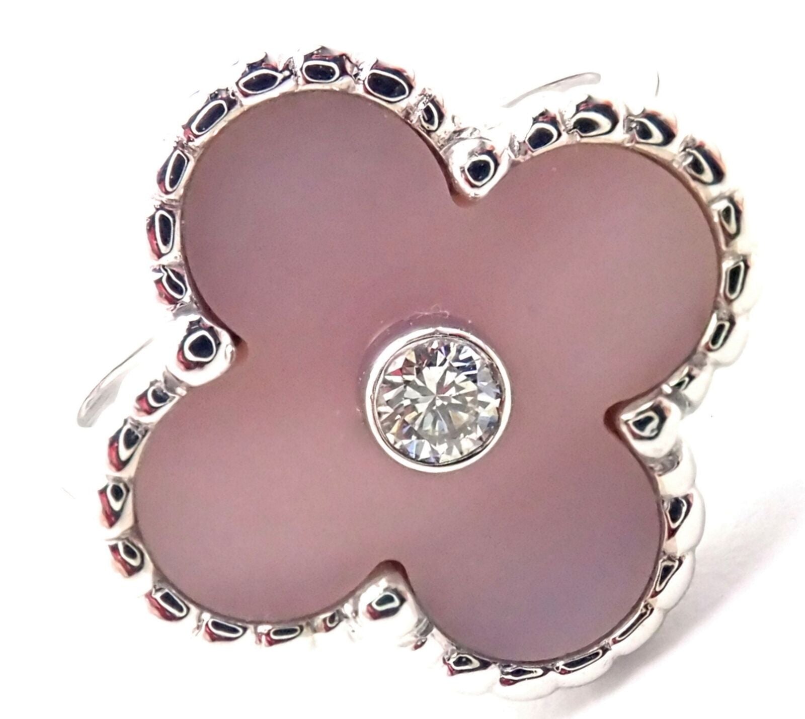 Van Cleef & Arpels Jewelry & Watches:Fine Jewelry:Rings Authentic Van Cleef & Arpels Alhambra 18k White Gold Pink Opal Diamond Ring Cert