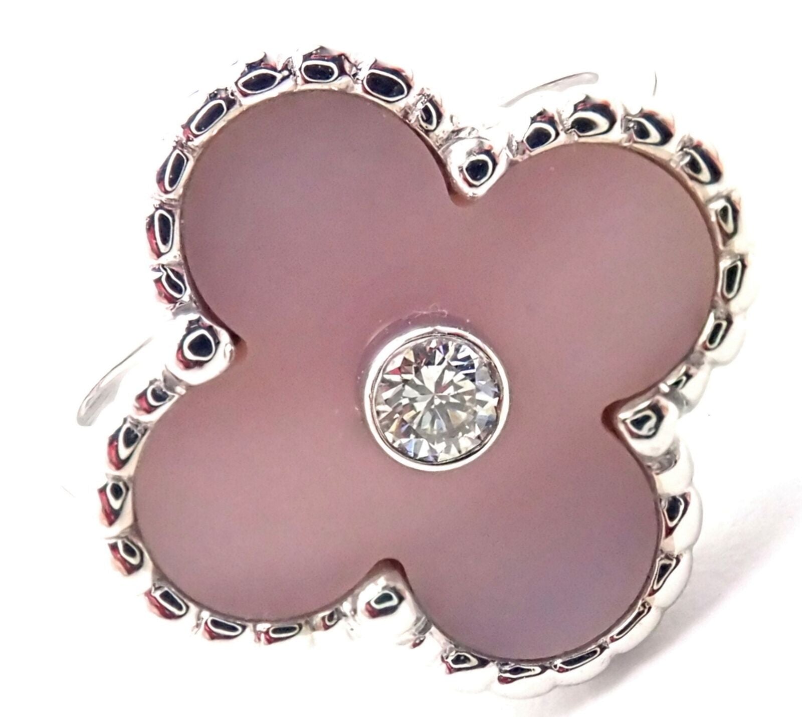 Authentic Van Cleef & Arpels Alhambra 18k White Gold Pink Opal Diamond Ring Cert | Fortrove