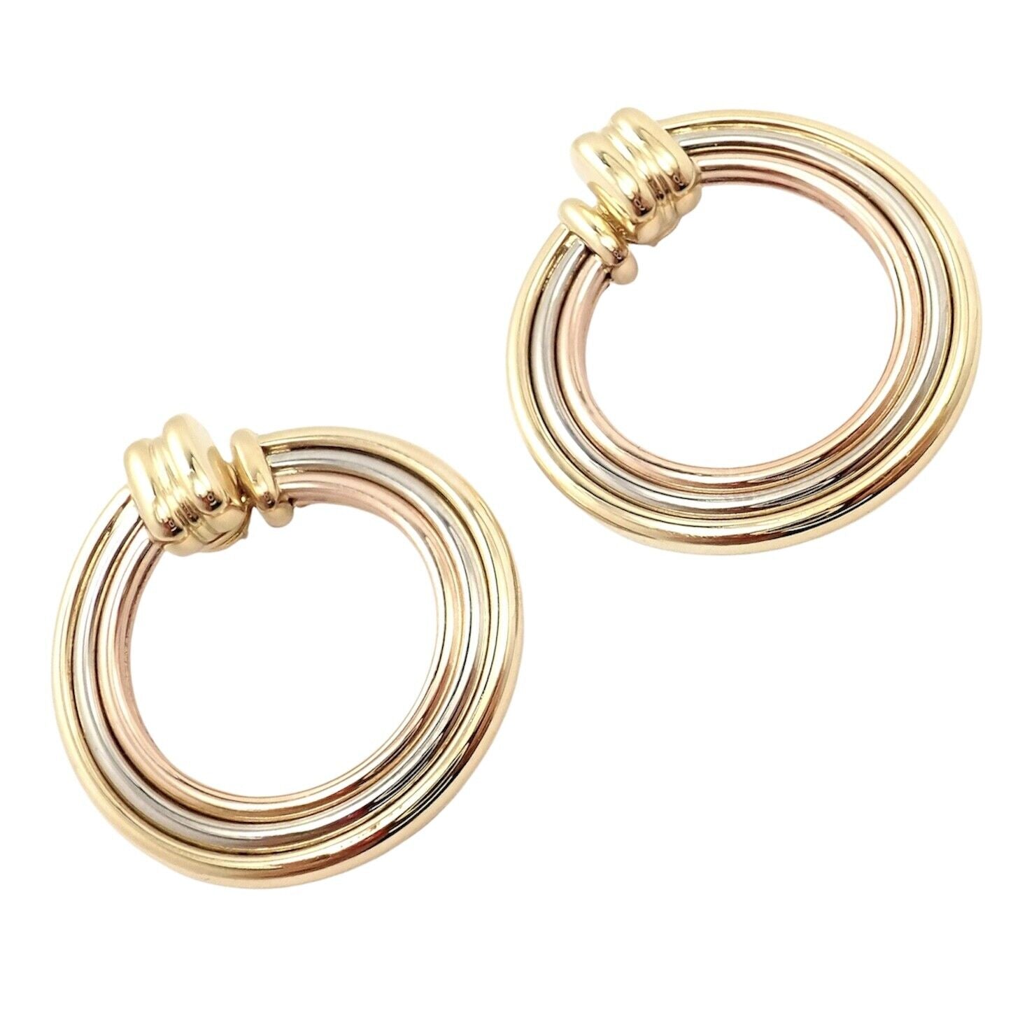Authentic! Cartier 18k Tri-Color Gold Large Trinity Hoop Earrings | Fortrove