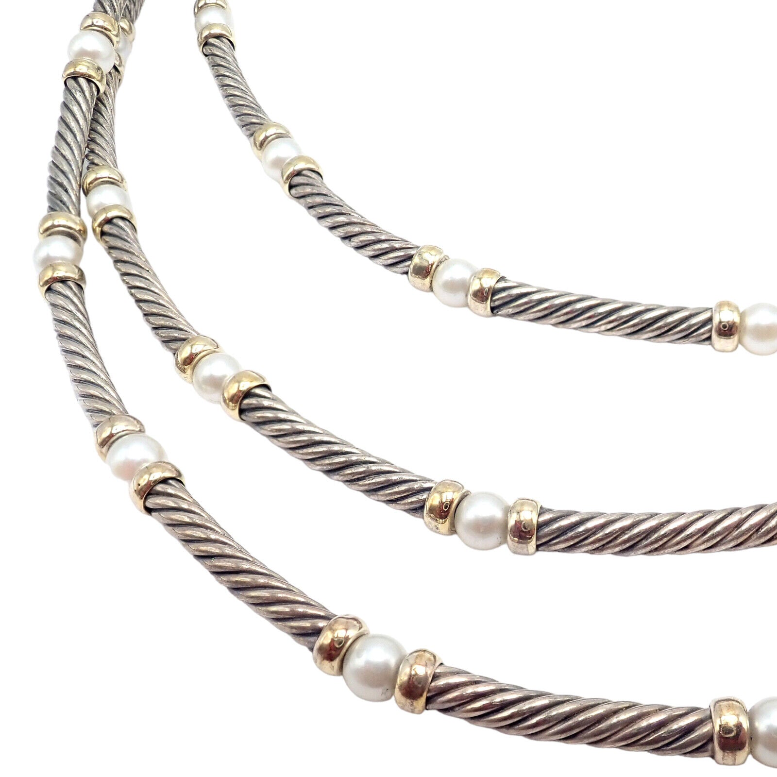 David Yurman DY Sterling Silver 14k Yellow Gold 3 Cable 3mm Pearl Necklace 15" | Fortrove