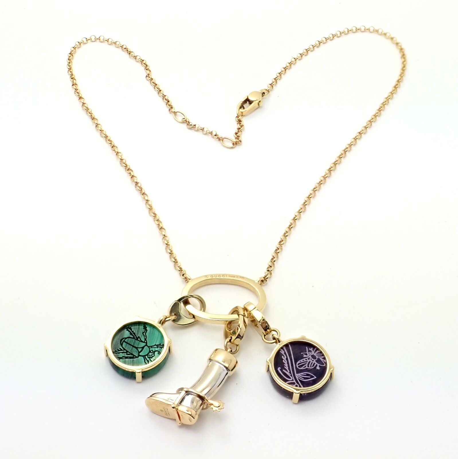 Rare! Authentic Gucci 18k Yellow White Gold Riding Boot + Beetle Charm Necklace | Fortrove