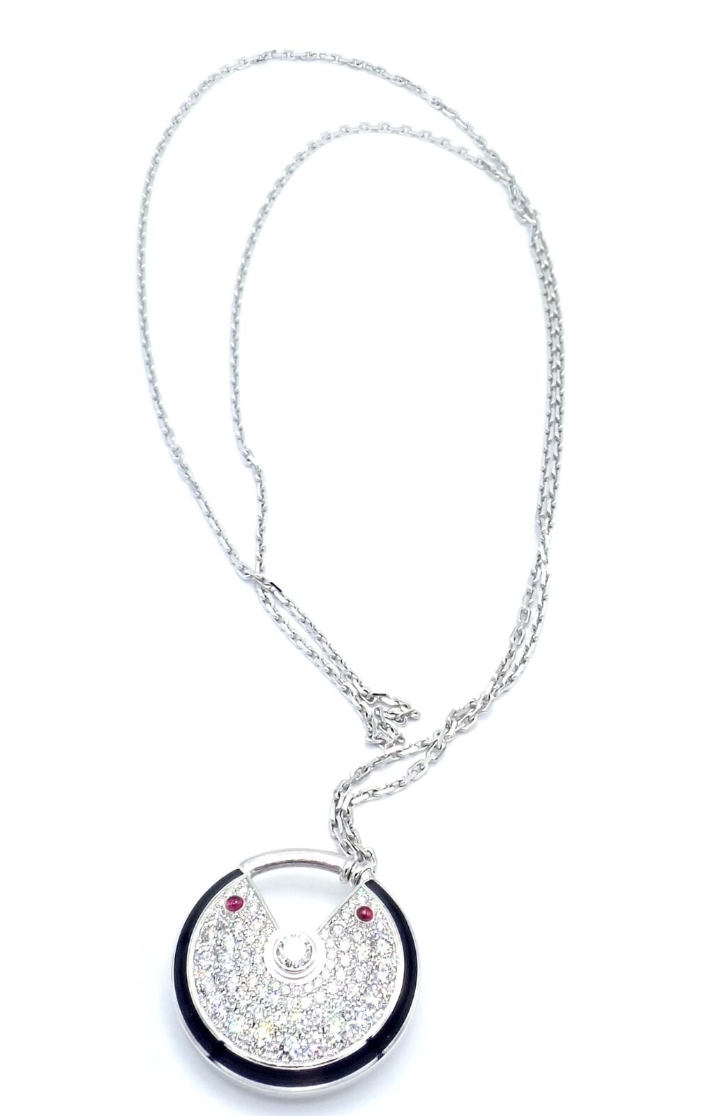 Authentic! Cartier Amulette 18k White Gold Diamond Ruby Large Pendant Necklace | Fortrove