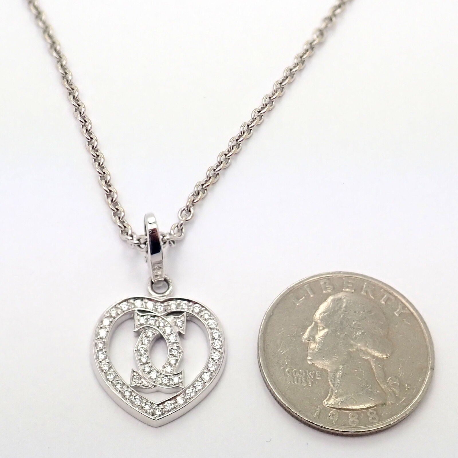 Authentic! Cartier Double C Heart 18k White Gold Diamond Pendant Necklace | Fortrove