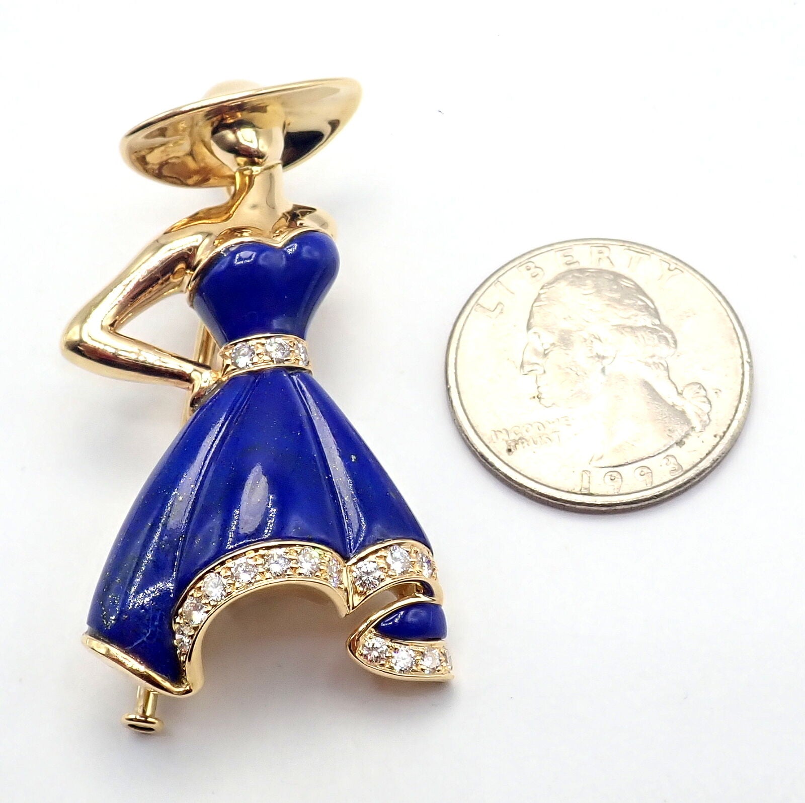Authentic! Christian Dior 18k Yellow Gold Diamond Lapis Lady Dior Brooch Pendant | Fortrove