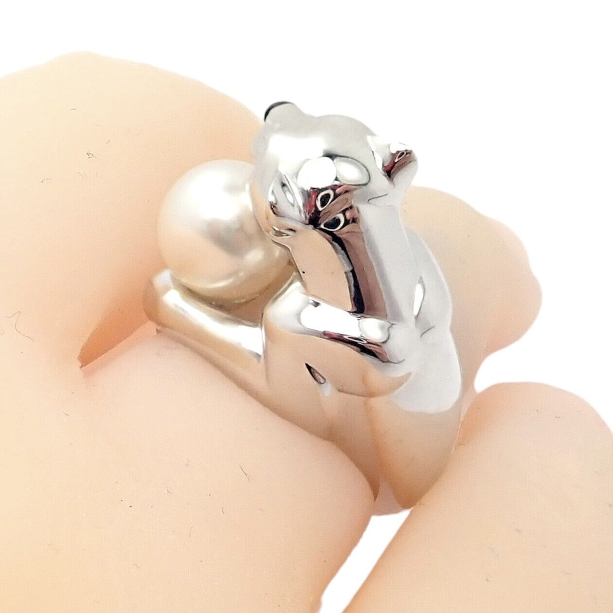 Authentic! Cartier 18k White Gold Panther Panthere Onyx Tsavorite Pearl Ring | Fortrove
