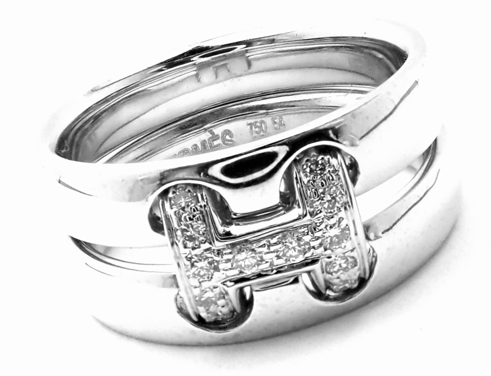 Authentic! Hermes 18k White Gold Diamond H Double Band Flex Band Ring | Fortrove