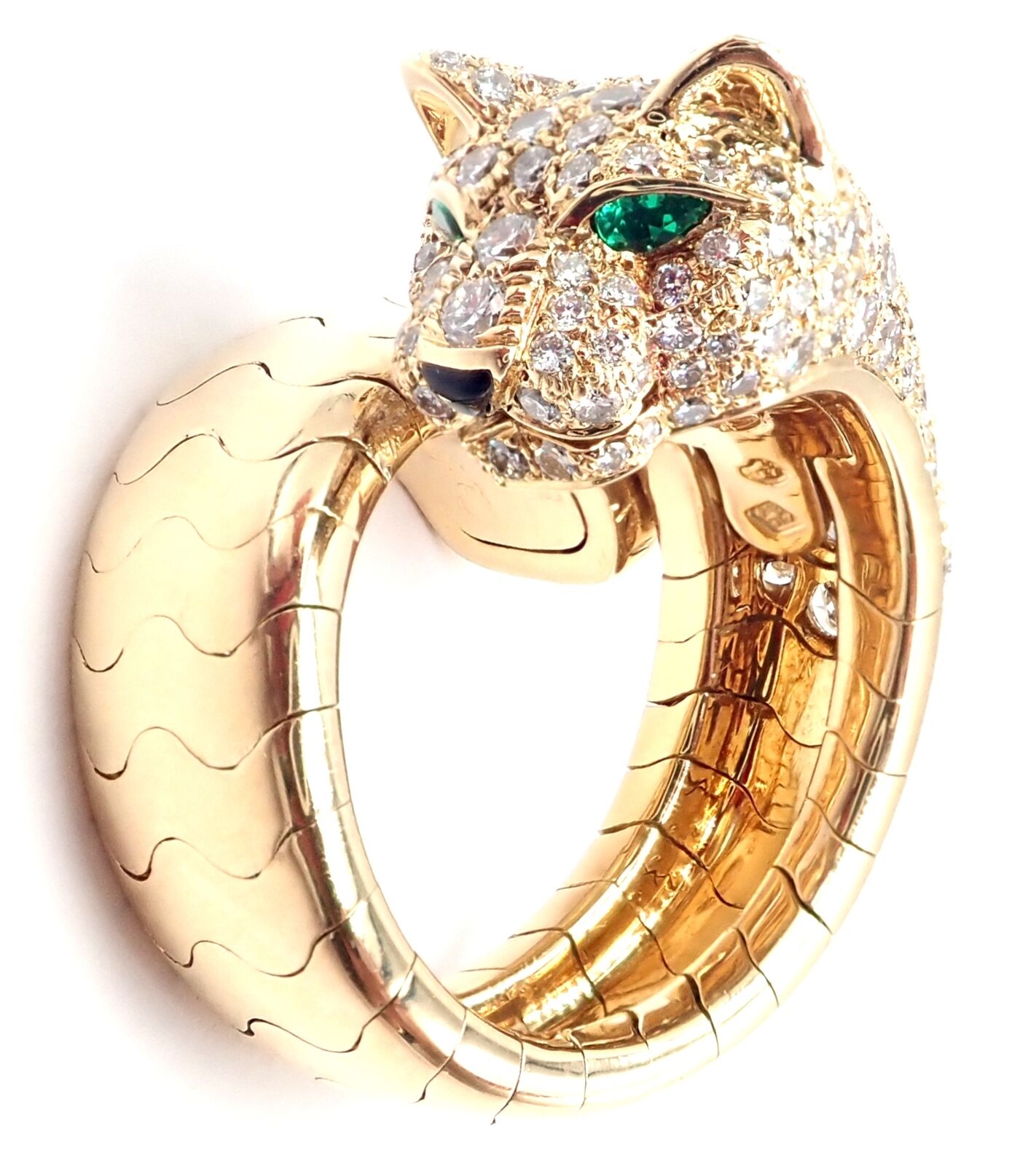 Authentic! Cartier Panther 18k Yellow Gold Diamond Emerald Onyx Band Ring | Fortrove