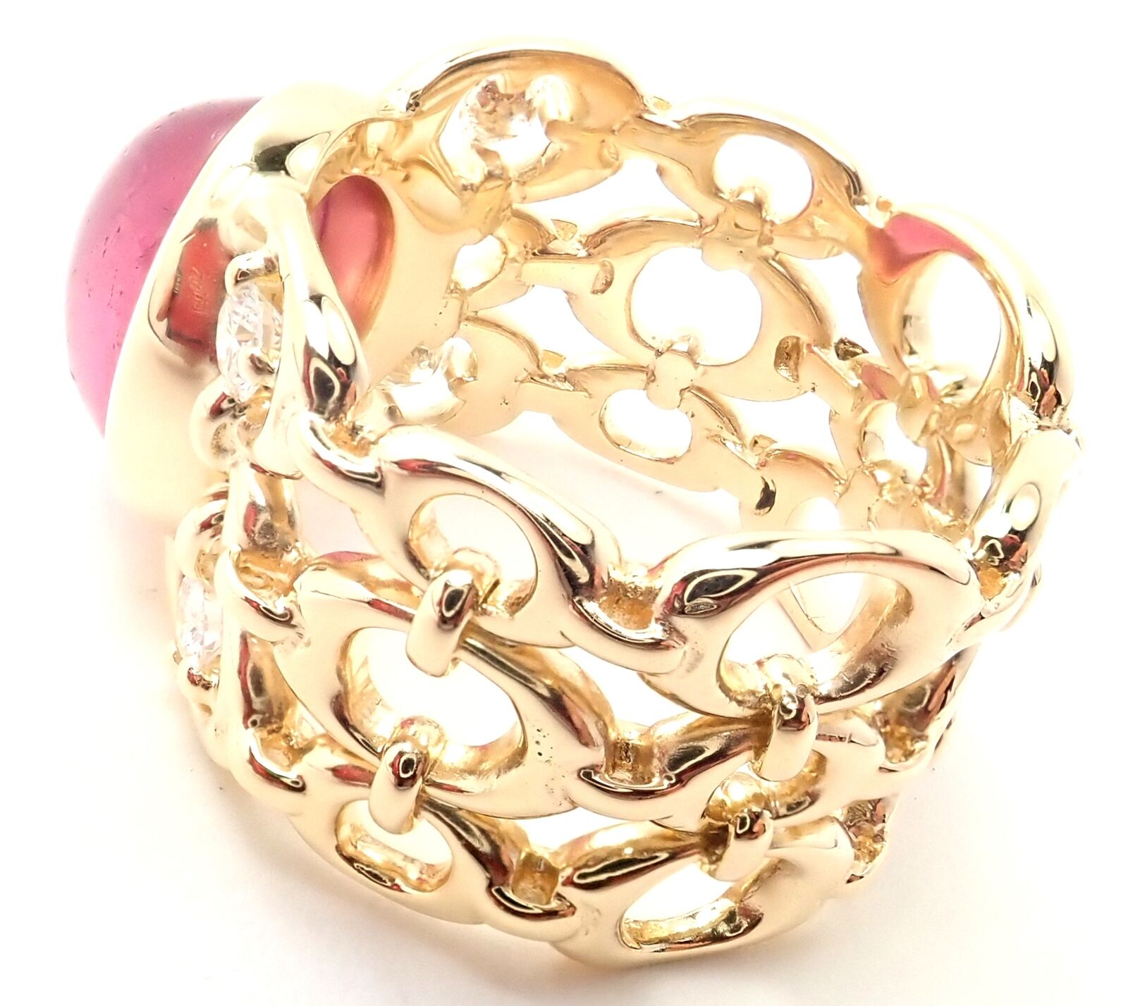 Authentic Christian Dior 18k Yellow Gold Diamond Large Pink Tourmaline Band Ring | Fortrove