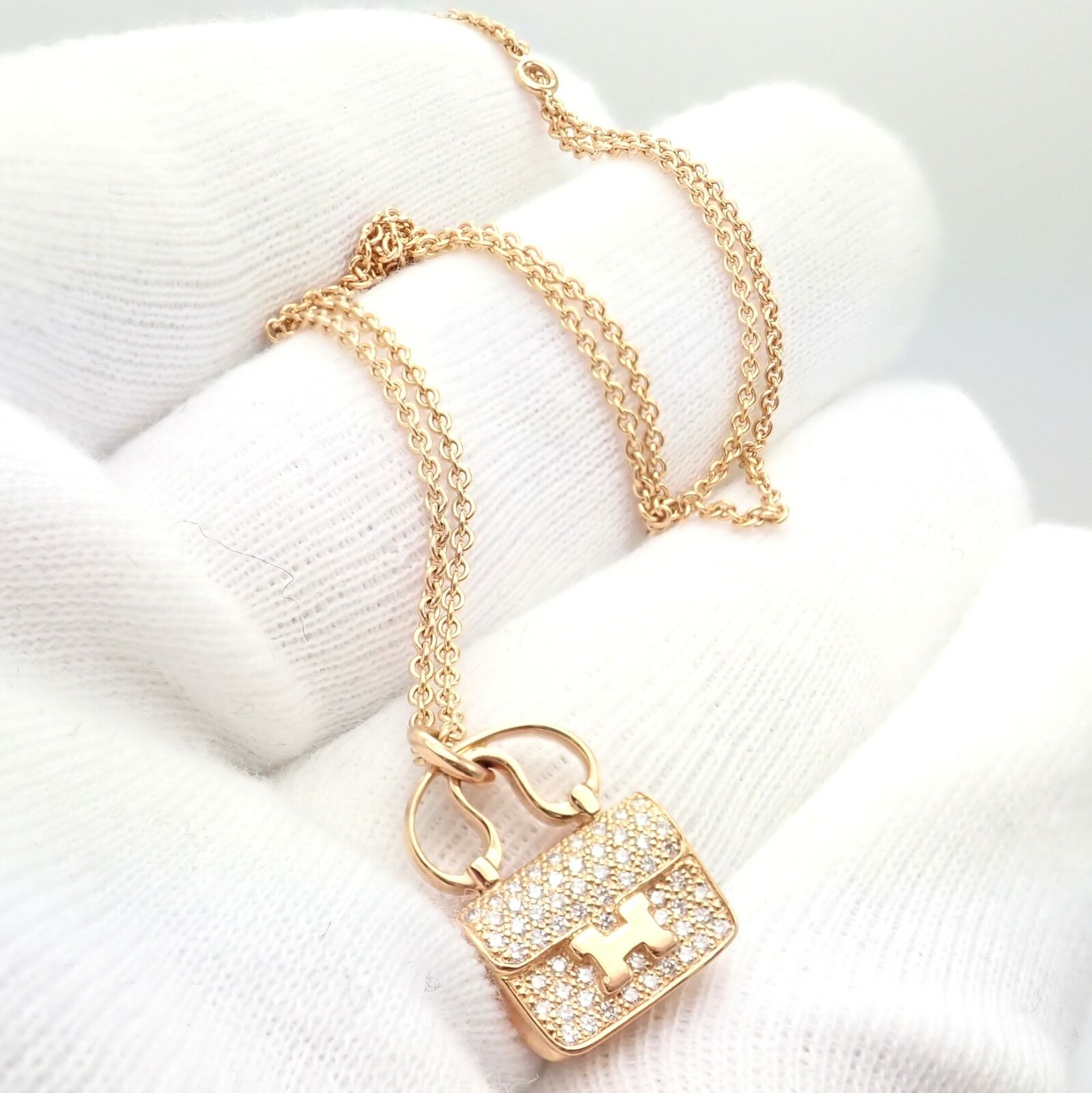 Rare! Authentic Hermes 18k Rose Gold Diamond Constance Amulette Pendant Necklace | Fortrove