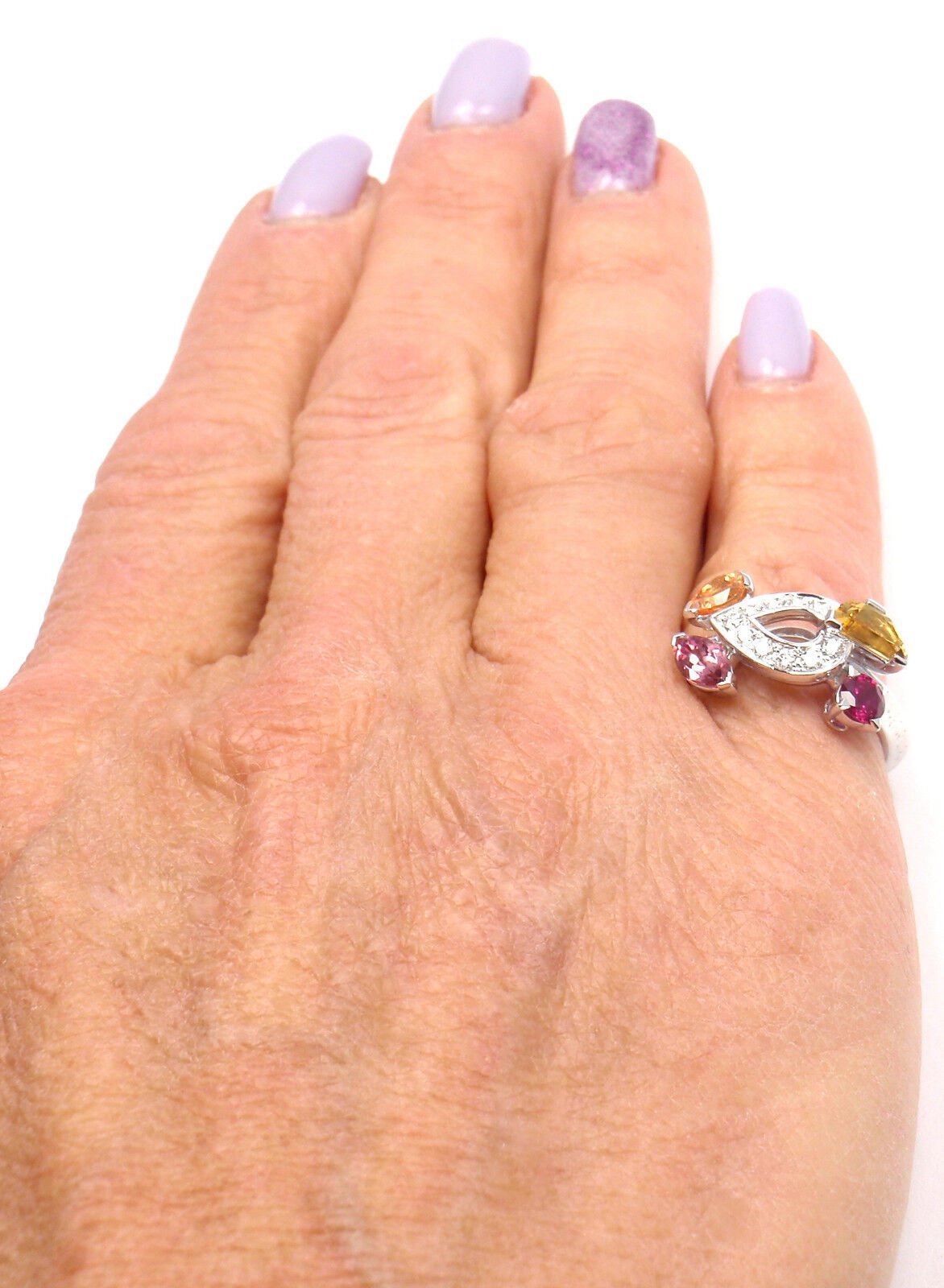 Authentic CARTIER Sorbet 18k White Gold Diamond Tourmaline Sapphire Ring Size 50 | Fortrove