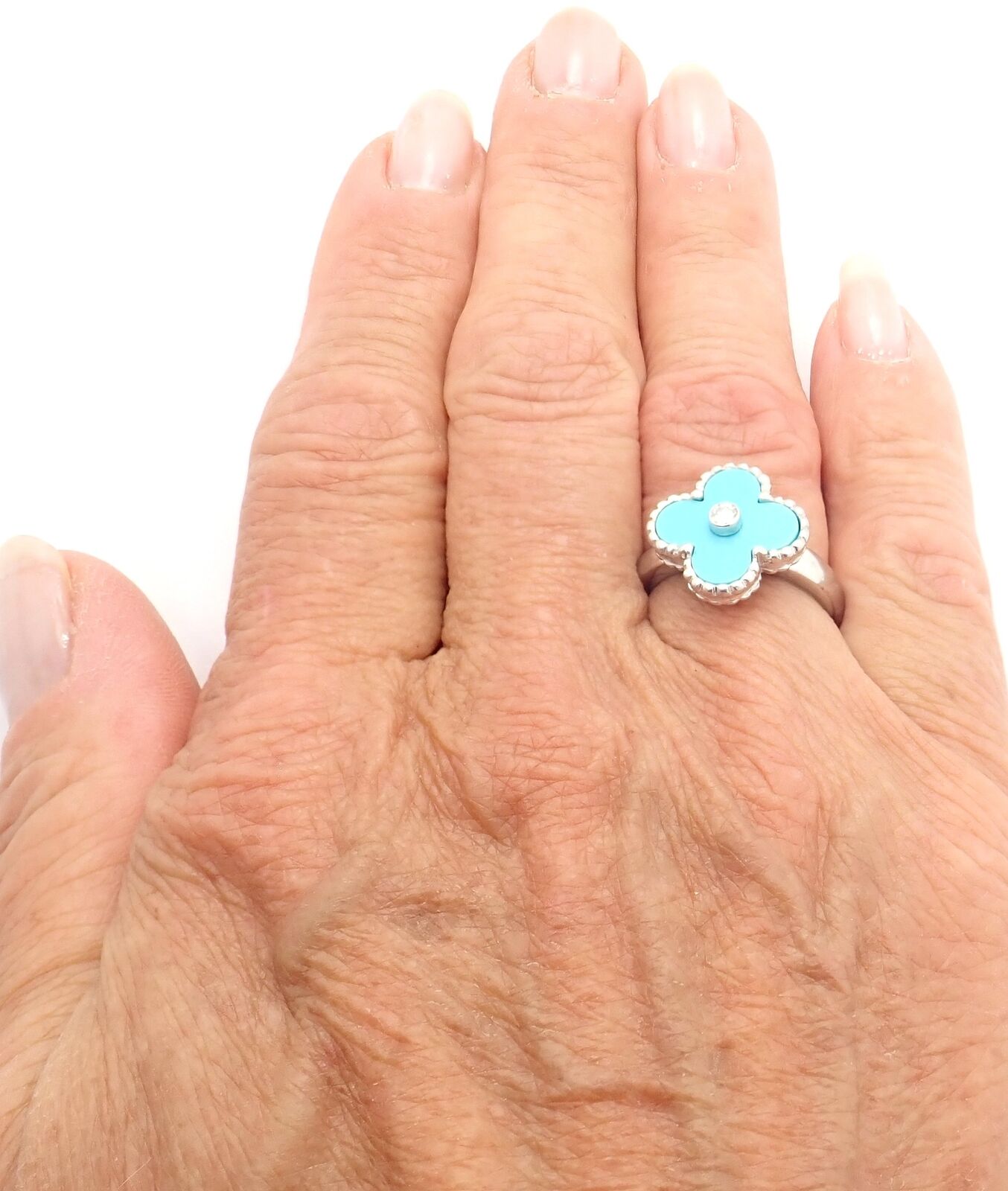 Authentic! Van Cleef & Arpels Alhambra 18k White Gold Diamond Turquoise Ring | Fortrove