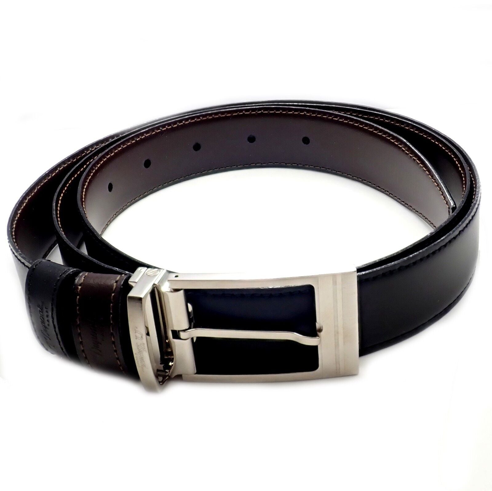 Authentic S. T. Dupont Black Leather Palladium Belt w/ Box + Card 47" | Fortrove