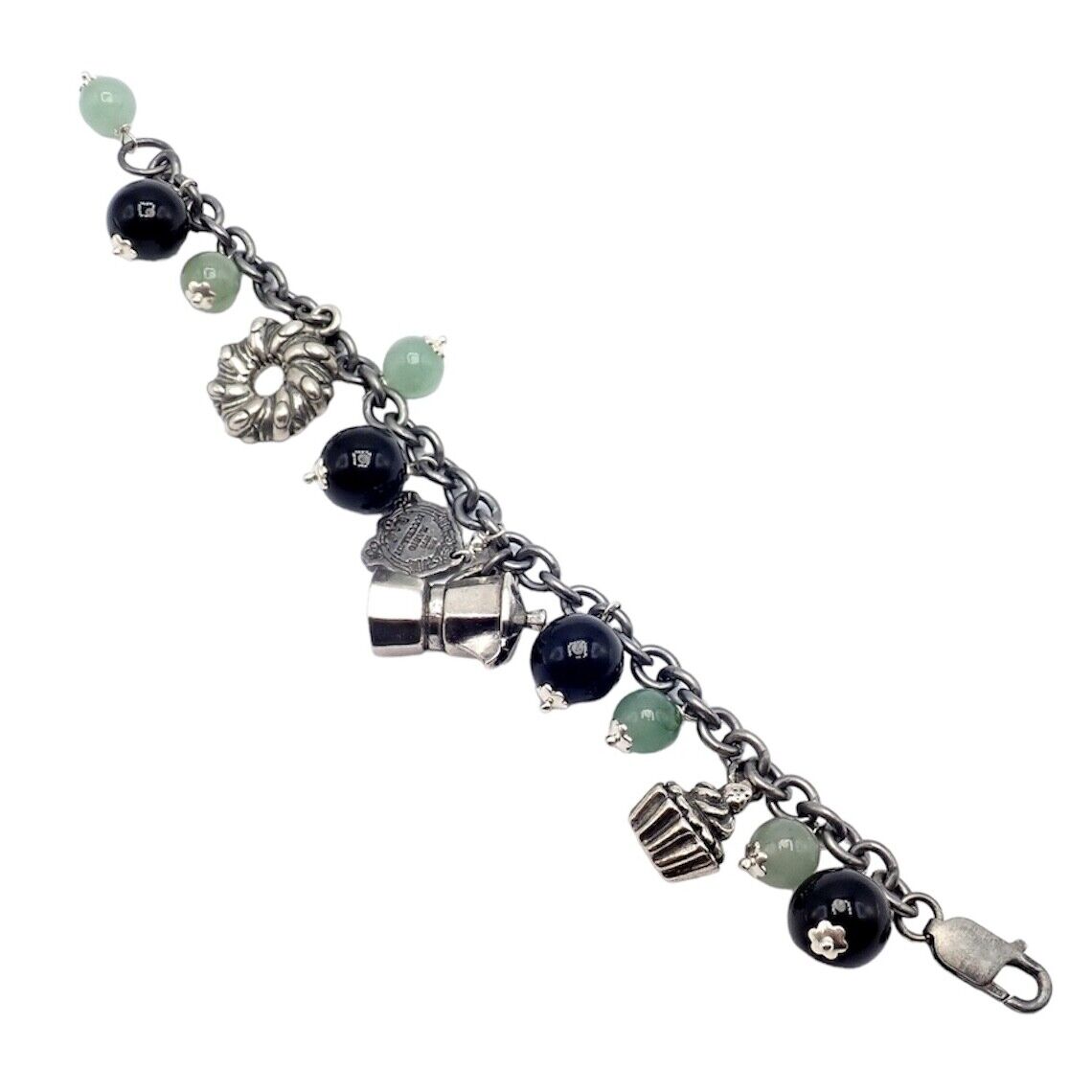 Rare! Vintage Mario Buccellati Silver Coffee Jadeite Onyx Bead Charm Bracelet | Fortrove