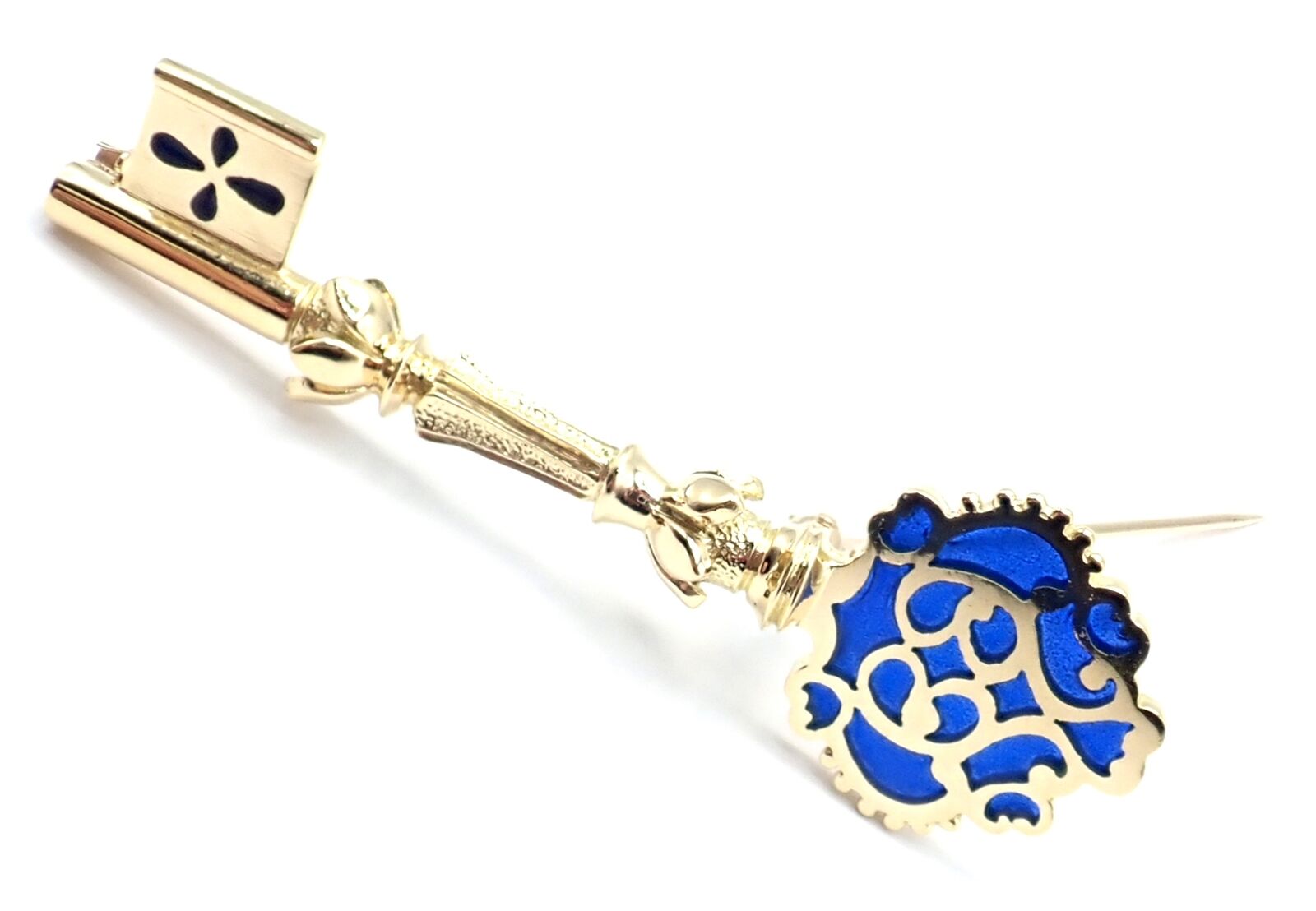 Rare! Authentic Vintage Mikimoto 18k Yellow Gold Key Blue Enamel Brooch Pin | Fortrove