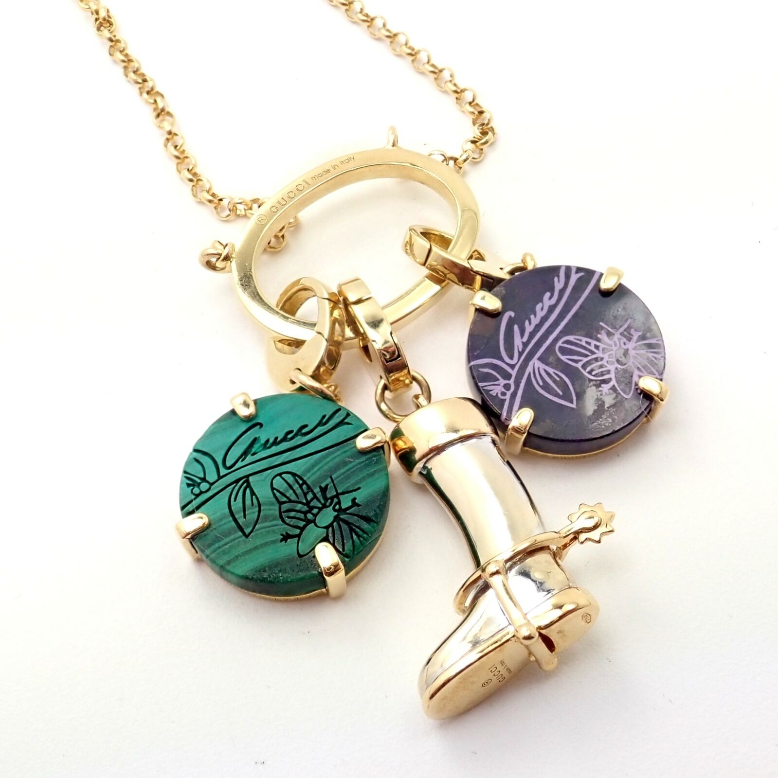 Rare! Authentic Gucci 18k Yellow White Gold Riding Boot + Beetle Charm Necklace | Fortrove
