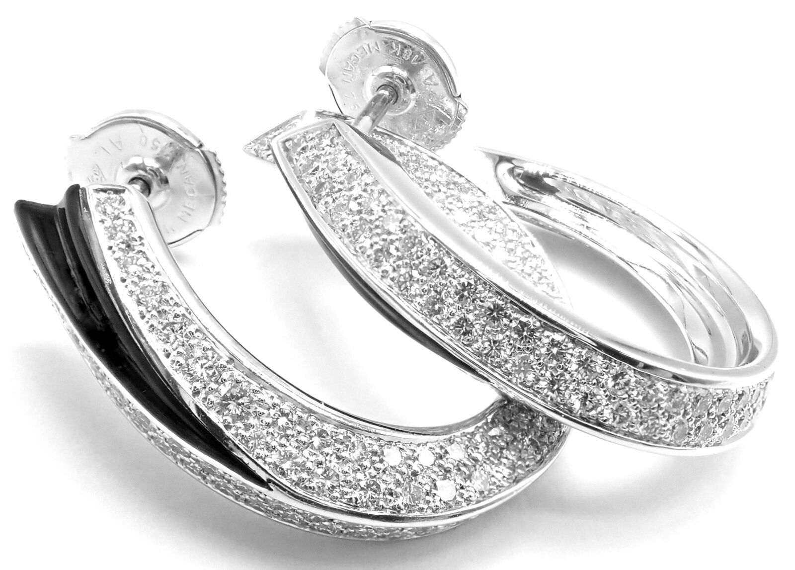 Authentic! Cartier Panthere 18k White Gold Diamond Onyx Hoop Earrings | Fortrove