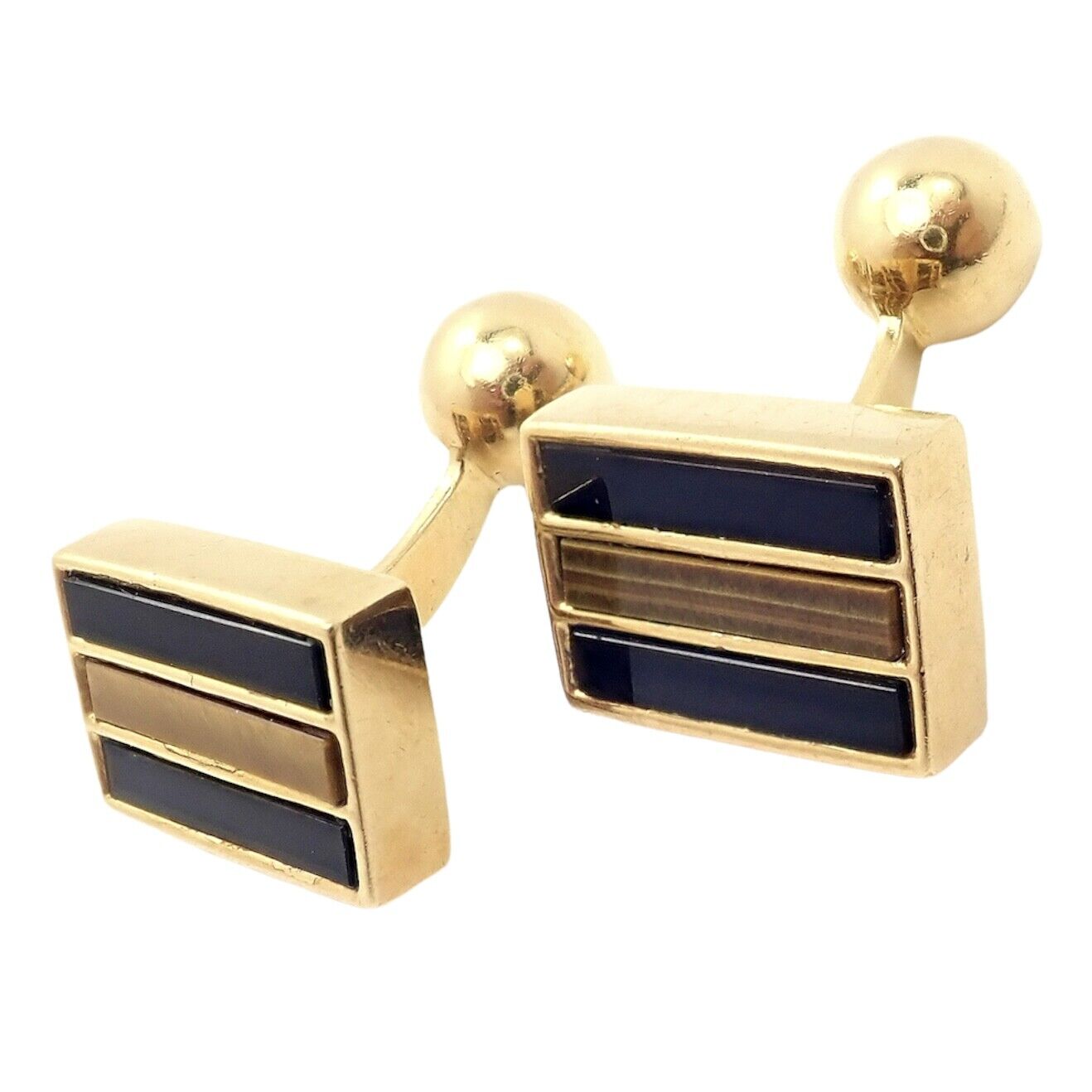 Rare Vintage Tiffany & Co. 18k Yellow Gold Classic Onyx Tiger Eye Cufflinks | Fortrove