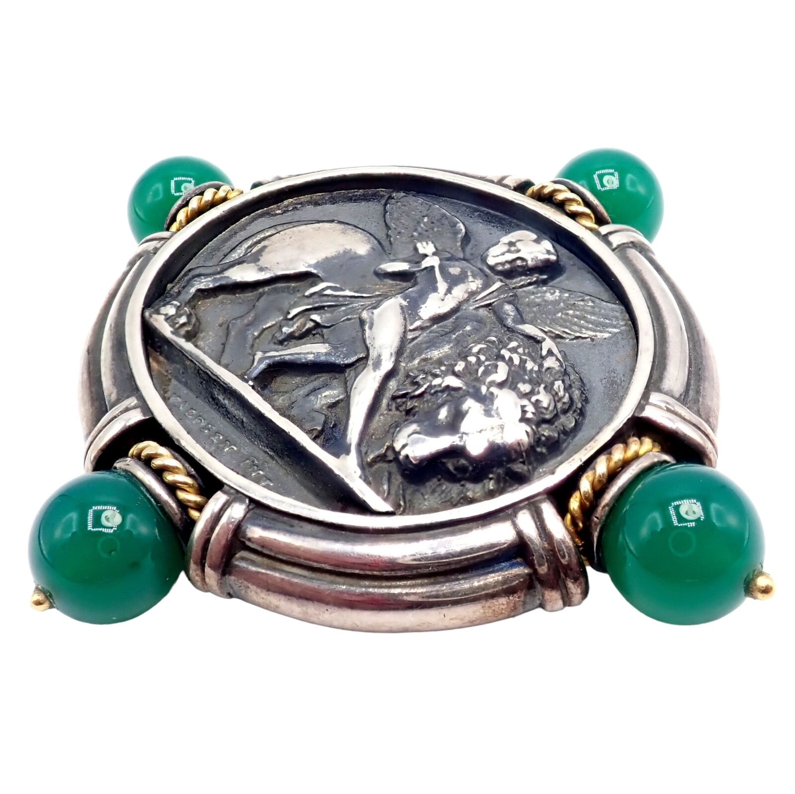 Authentic! SeidenGang 18k Yellow Gold Silver Large Medallion Chrysoprase Brooch | Fortrove