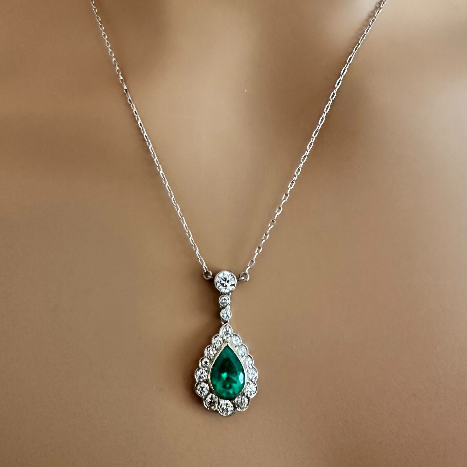 Vintage Estate Platinum Diamond Emerald Earrings Necklace Set | Fortrove